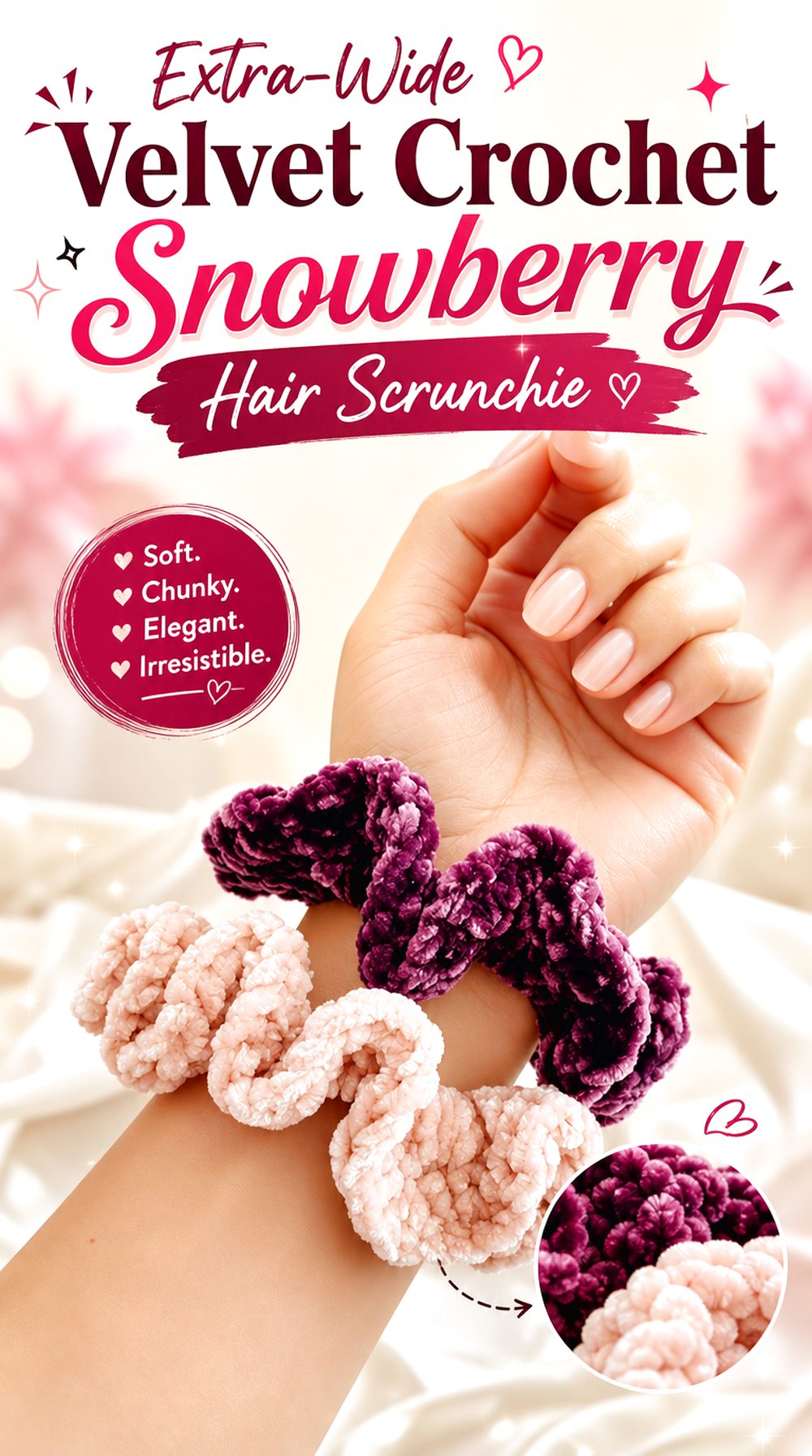 Extra Wide Velvet Crochet Snowberry Hair Scrunchie