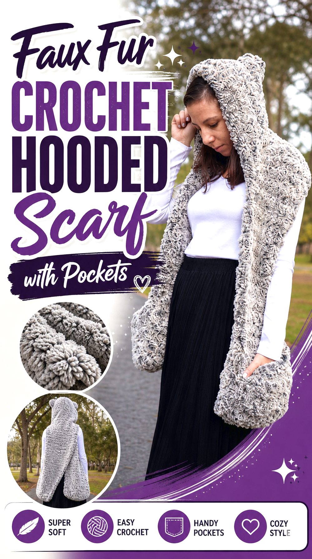 Faux Fur Crochet Hooded Scarf with Pockets