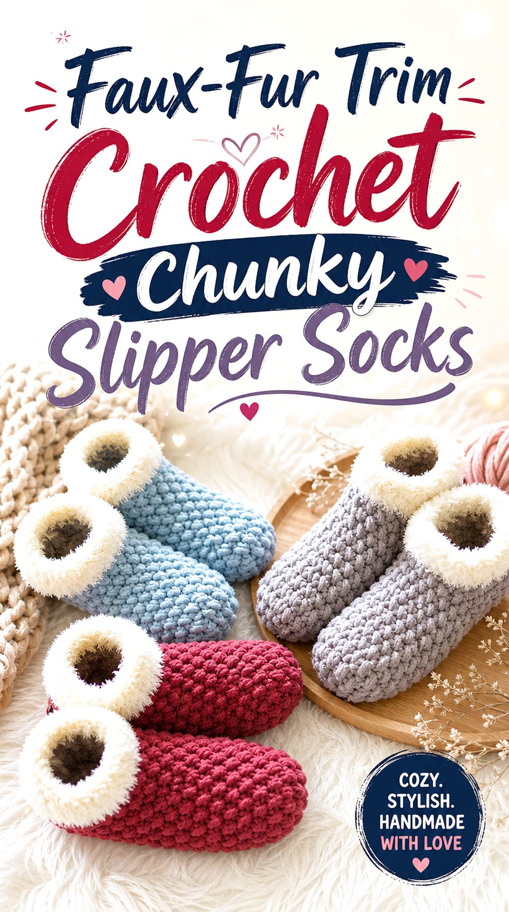 Faux Fur Trim Crochet Chunky Slipper Socks