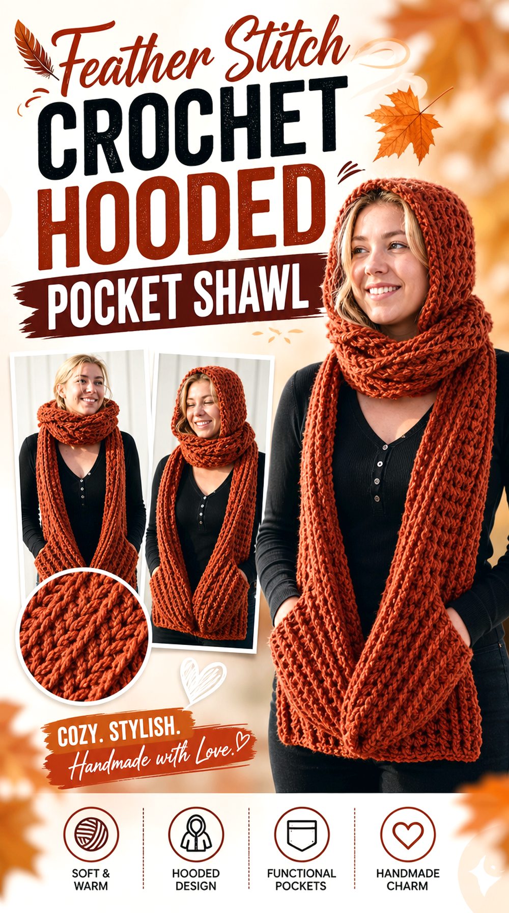 Feather Stitch Crochet Hooded Pocket Shawl