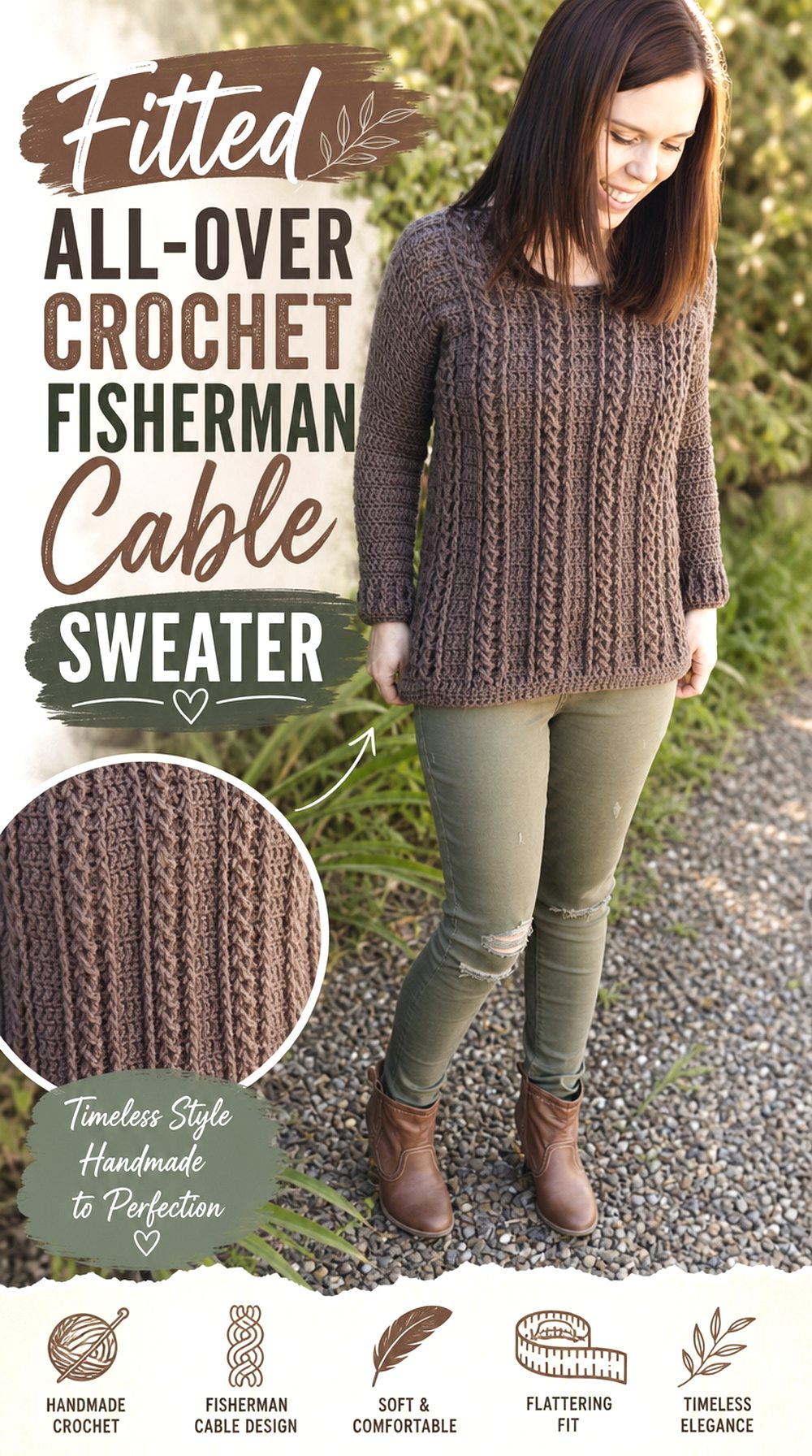 Fitted All Over Crochet Fisherman Cable Sweater