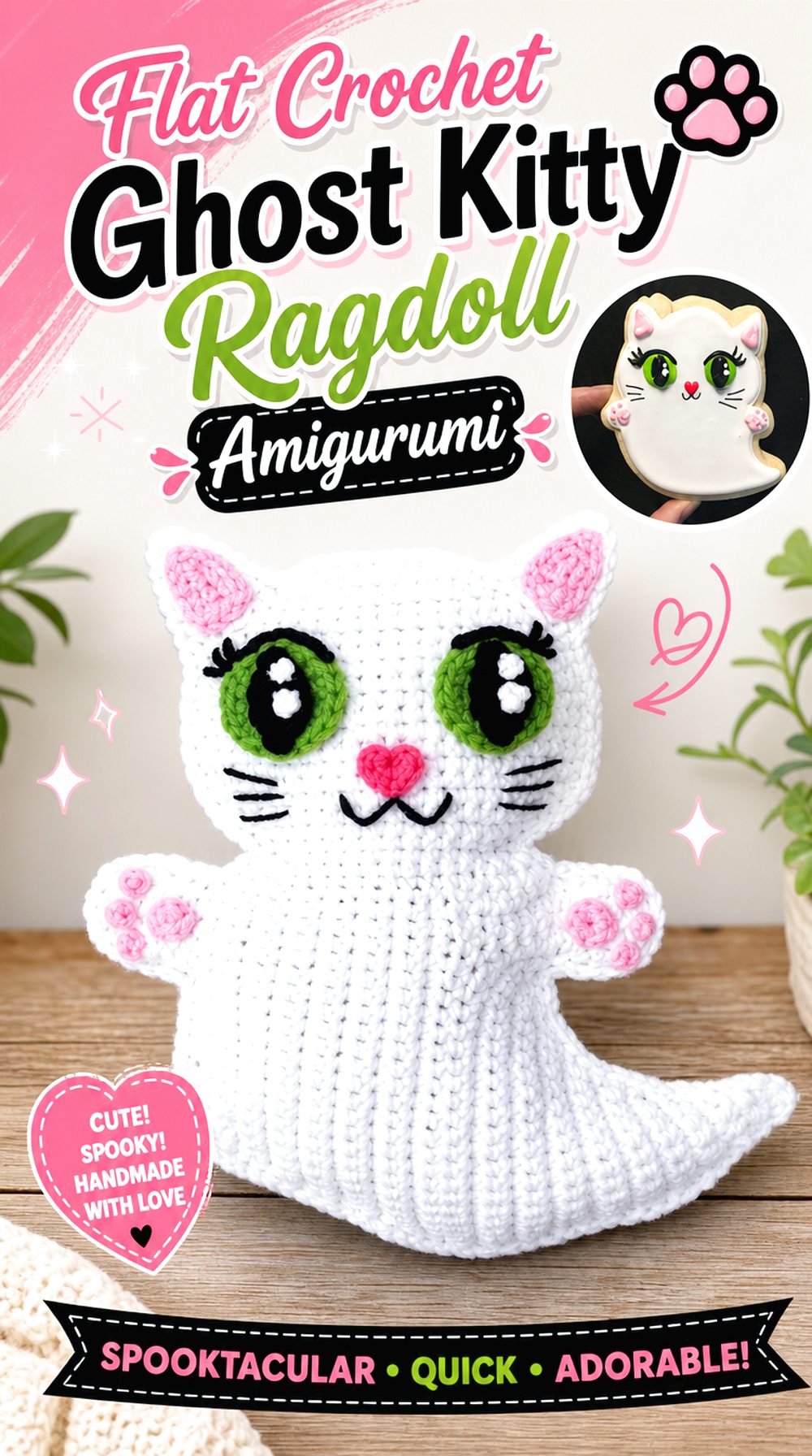 Flat Crochet Ghost Kitty Ragdoll Amigurumi
