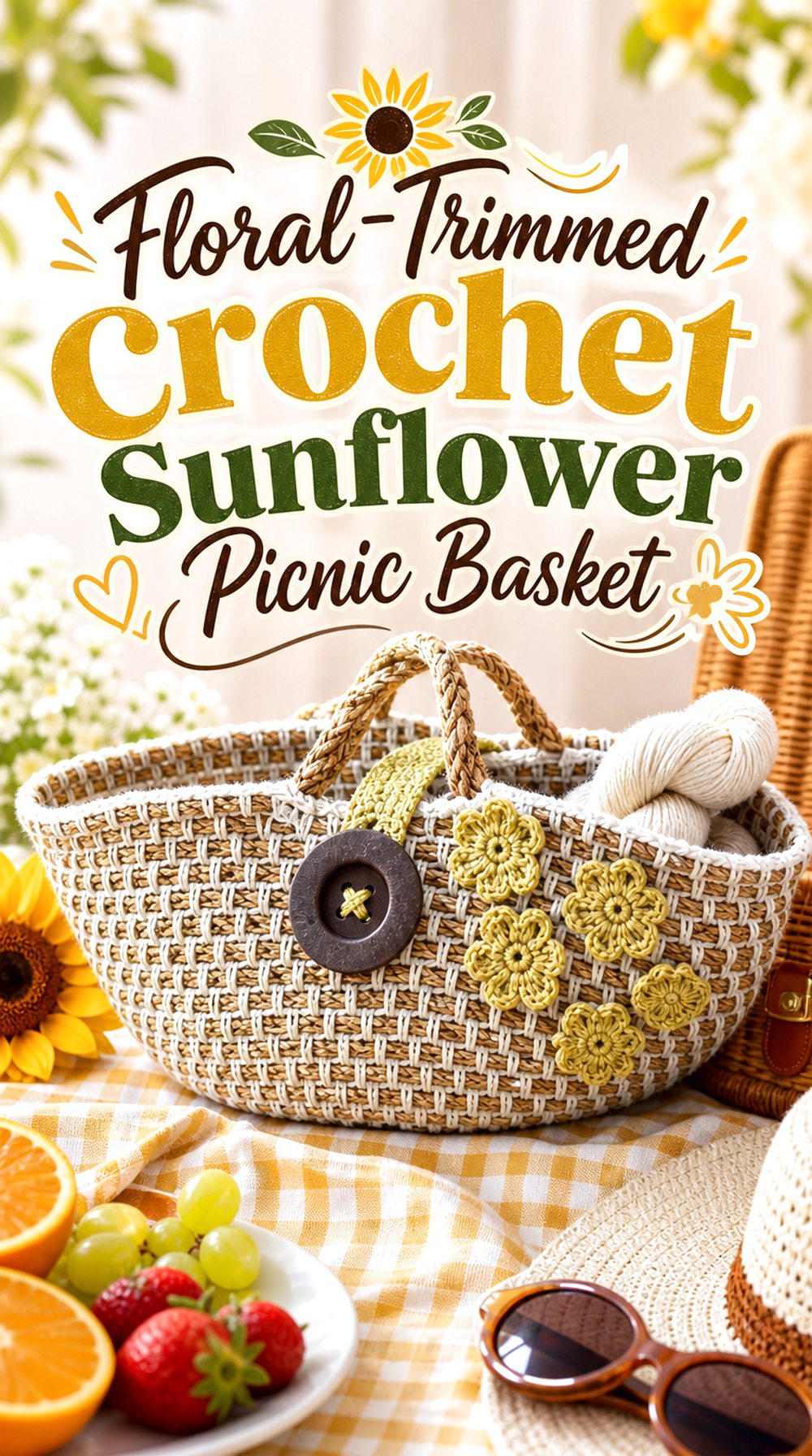 Floral Trimmed Crochet Sunflower Picnic Basket