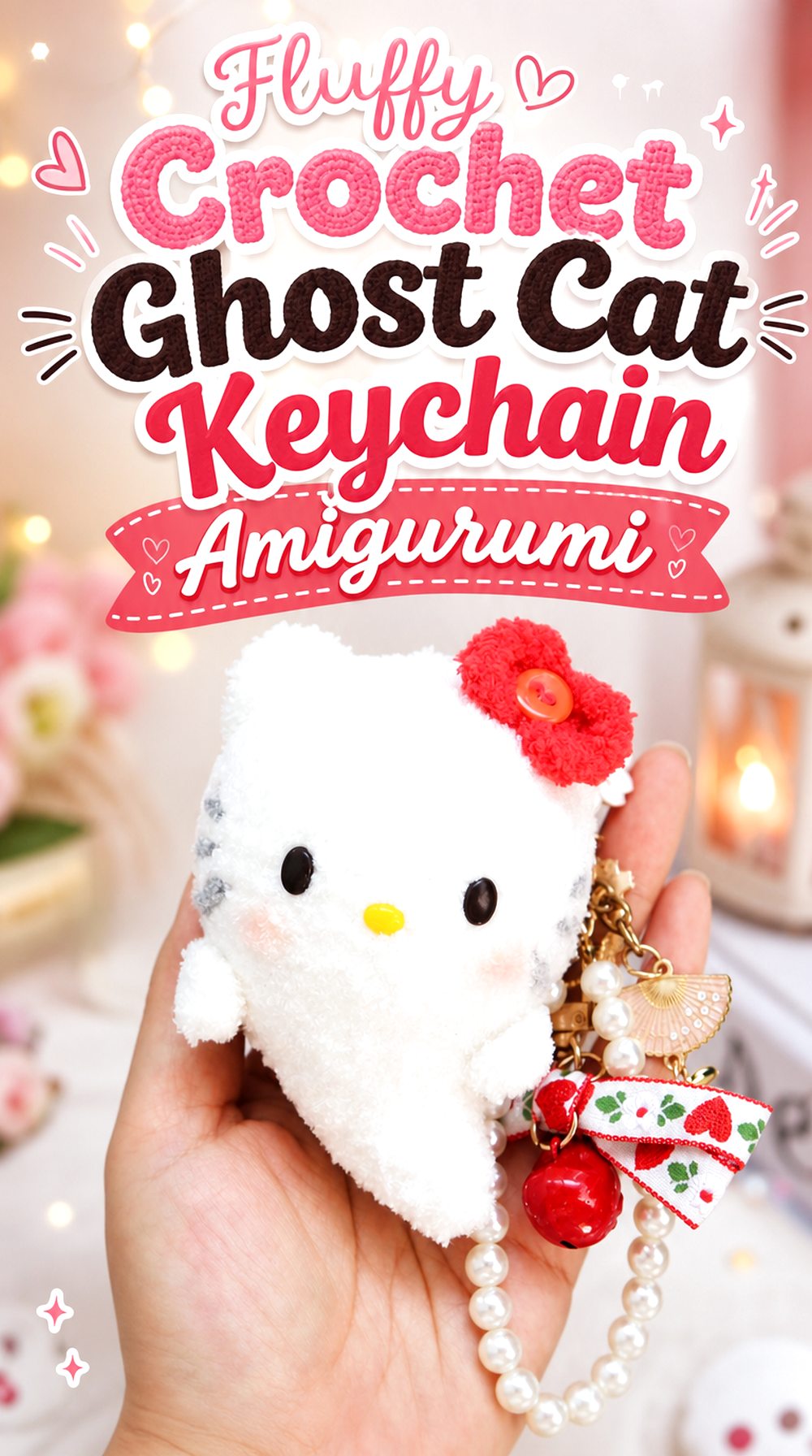 Fluffy Crochet Ghost Cat Keychain Amigurumi