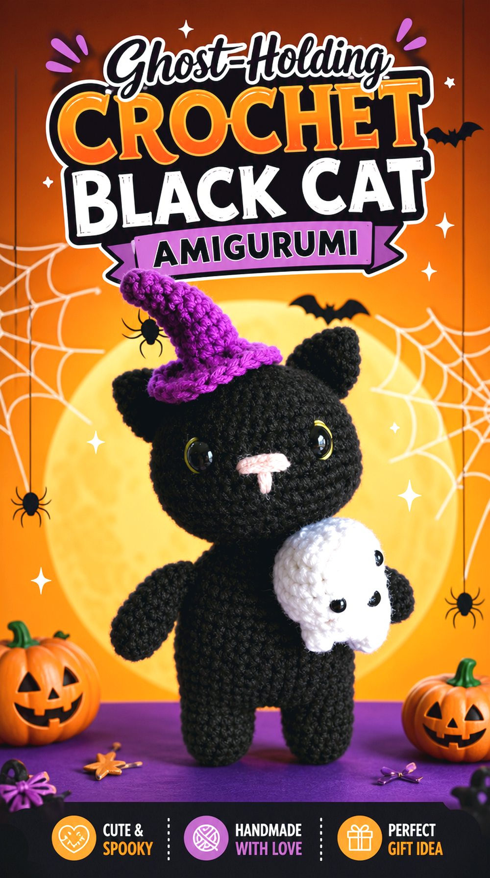 Ghost Holding Crochet Black Cat Amigurumi