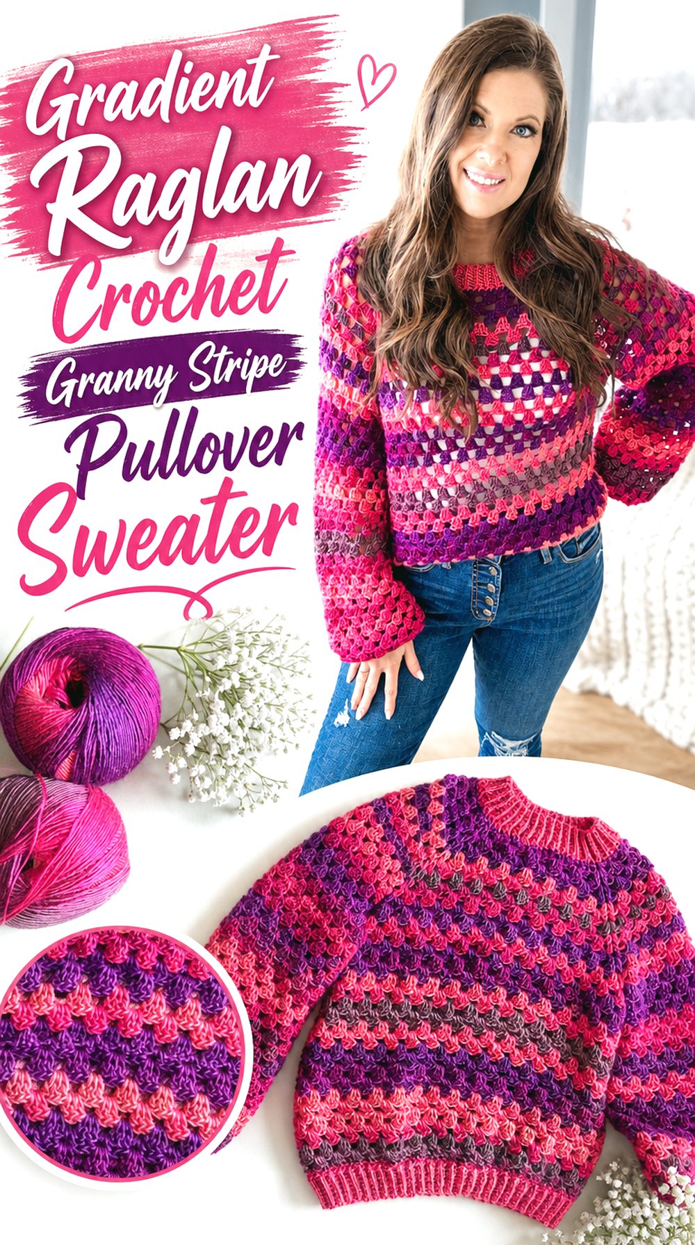Gradient Raglan Crochet Granny Stripe Pullover Sweater