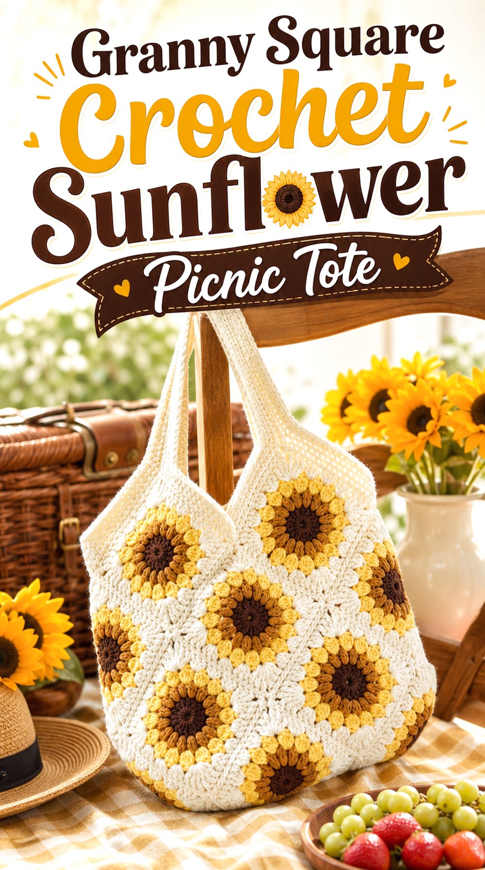 Granny Square Crochet Sunflower Picnic Tote