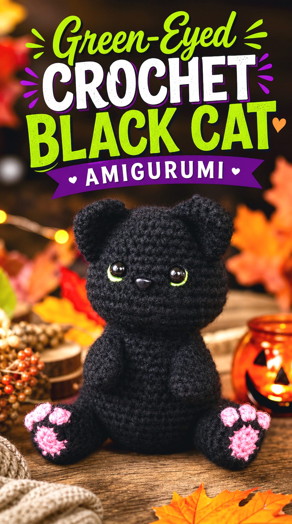 Green Eyed Crochet Black Cat Amigurumi
