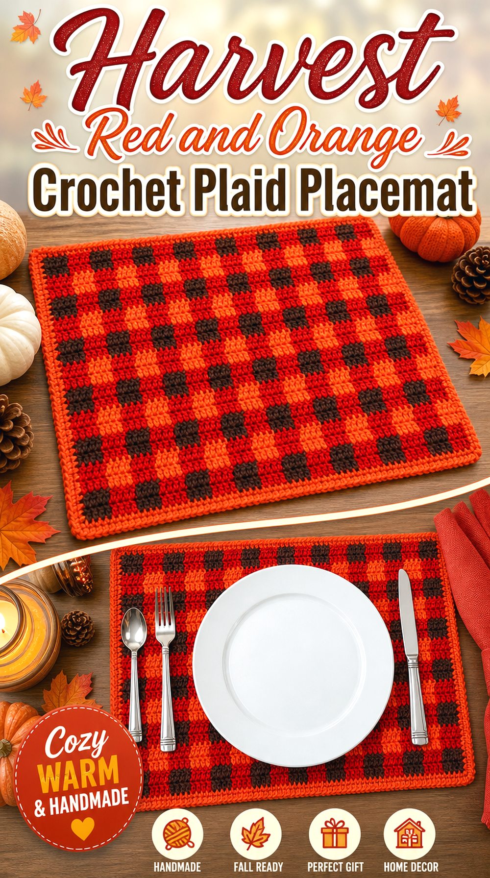 Harvest Red and Orange Crochet Plaid Placemat