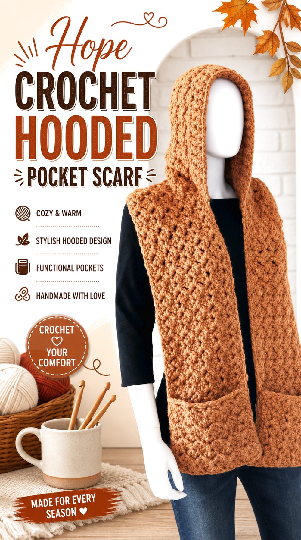 Hope Crochet Hooded Pocket Scarf