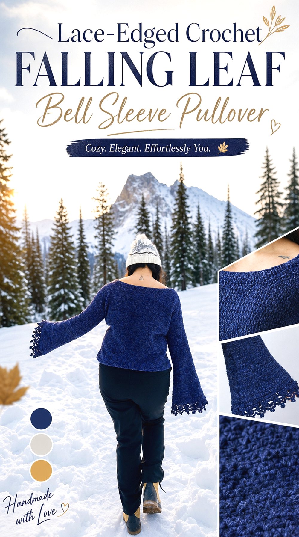 Lace Edged Crochet Falling Leaf Bell Sleeve Pullover