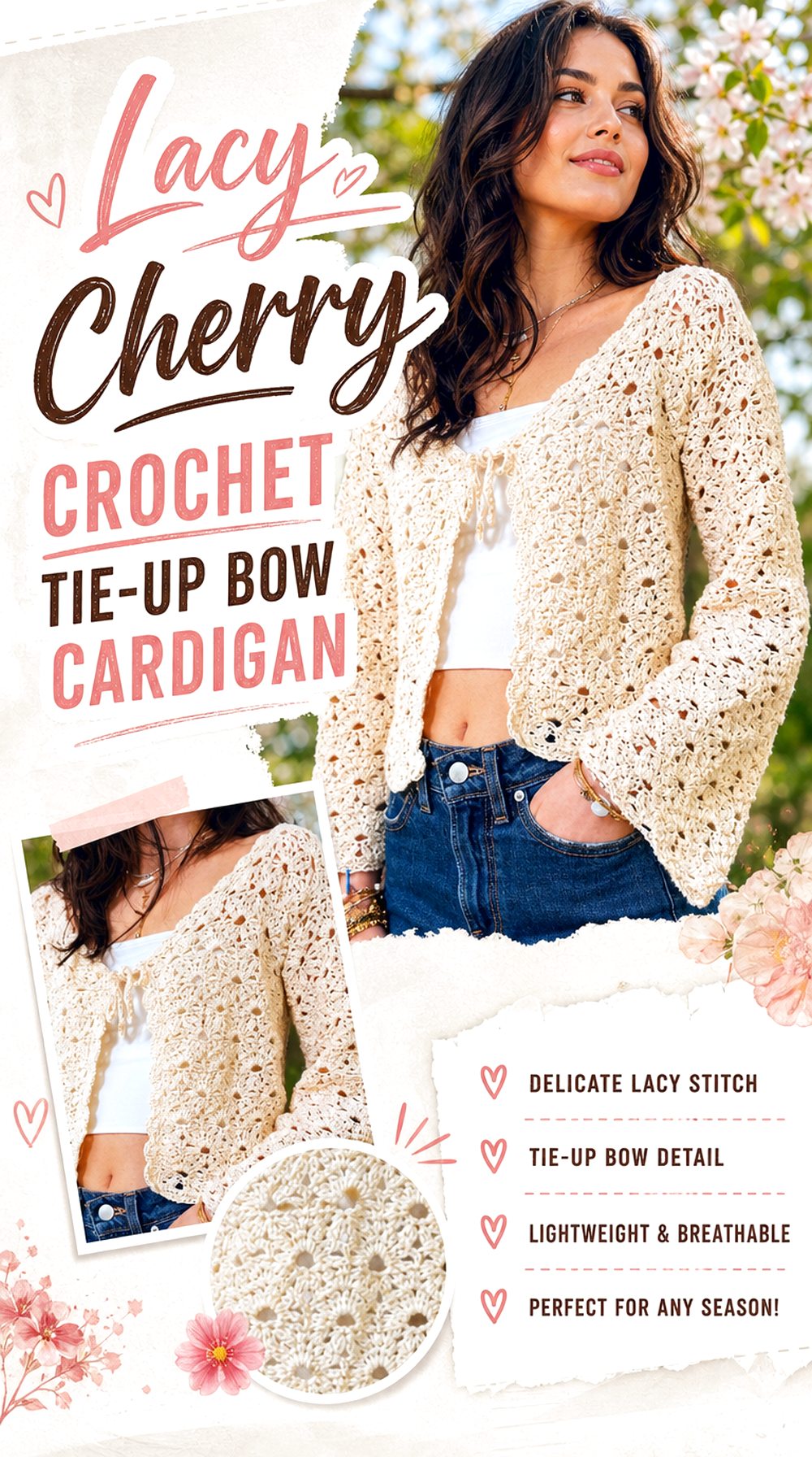 Lacy Cherry Crochet Tie Up Bow Cardigan