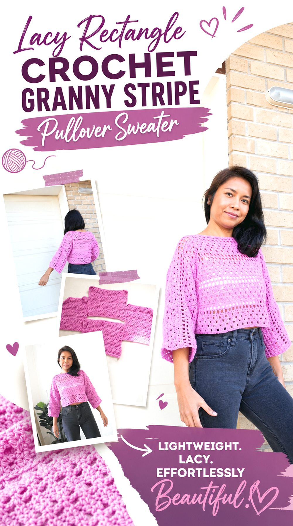 Lacy Rectangle Crochet Granny Stripe Pullover Sweater