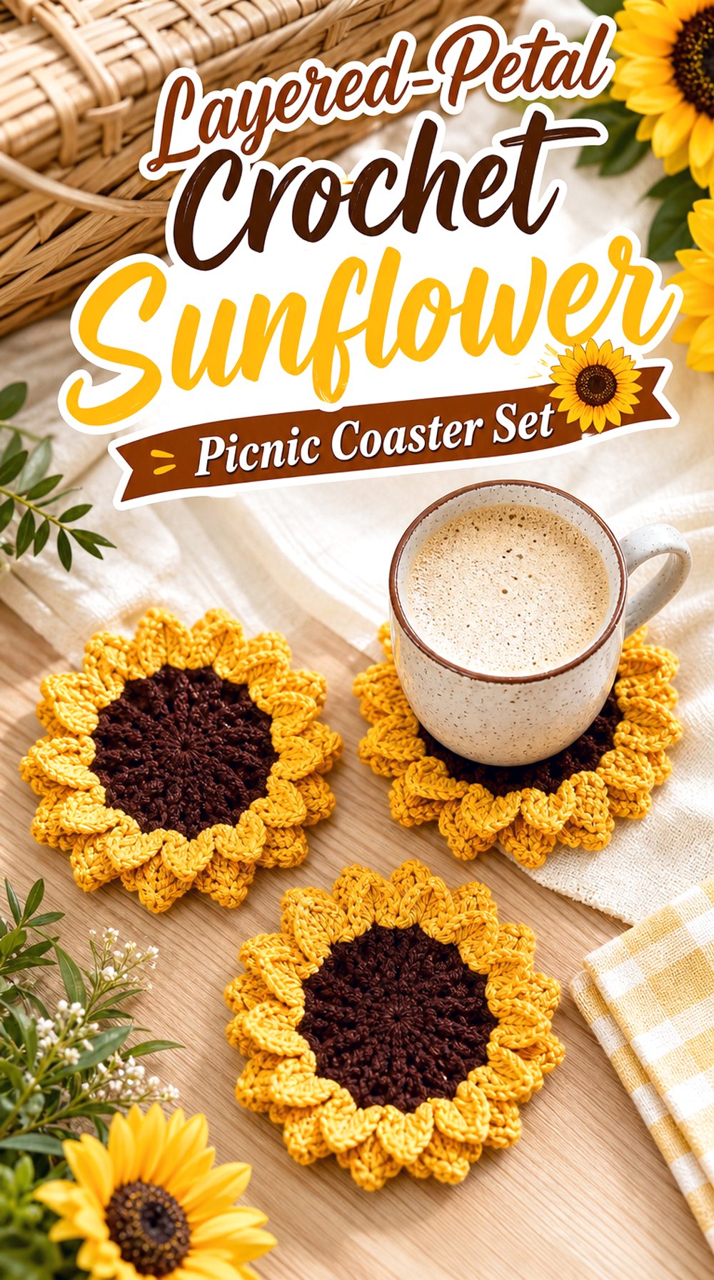 Layered Petal Crochet Sunflower Picnic Coaster Set