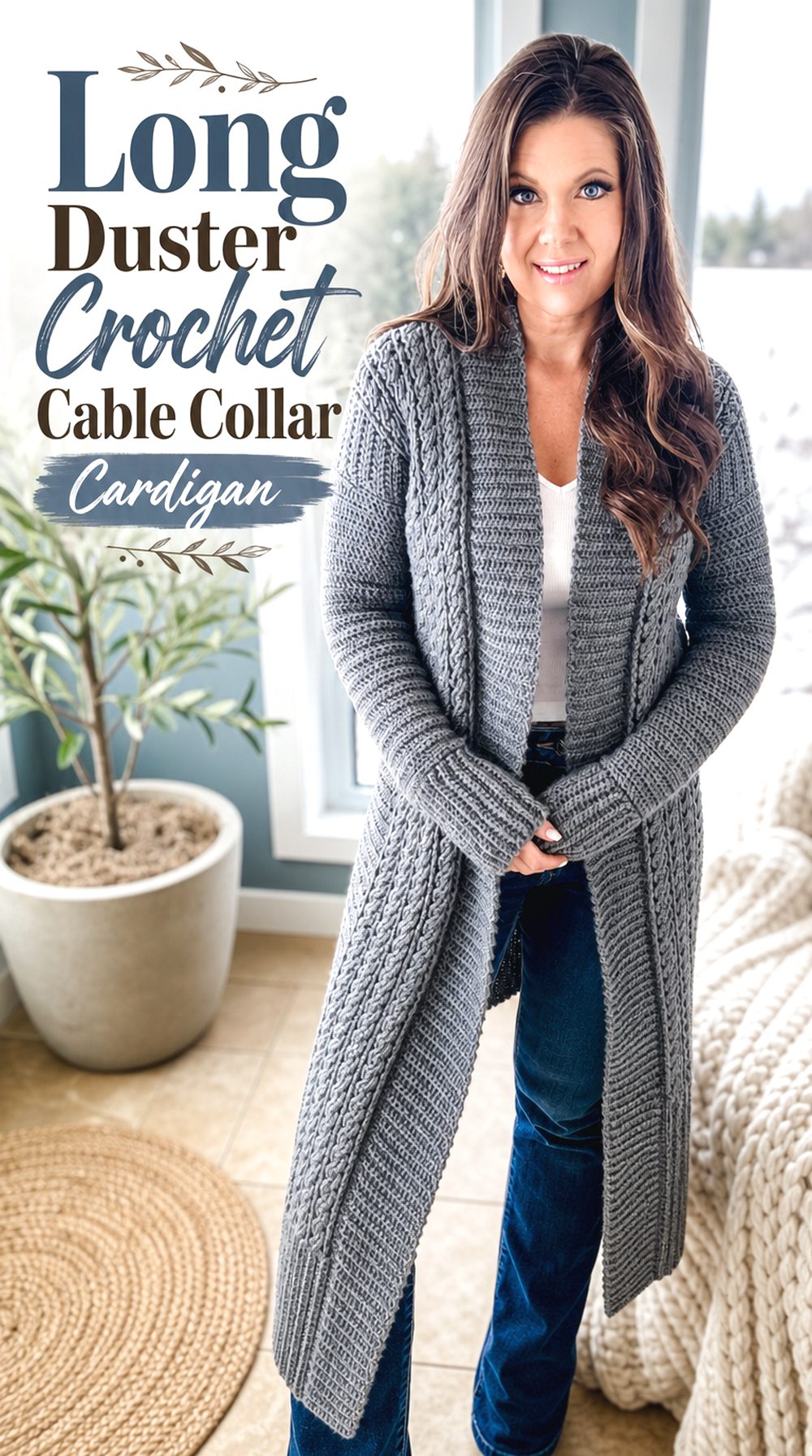 Long Duster Crochet Cable Collar Cardigan