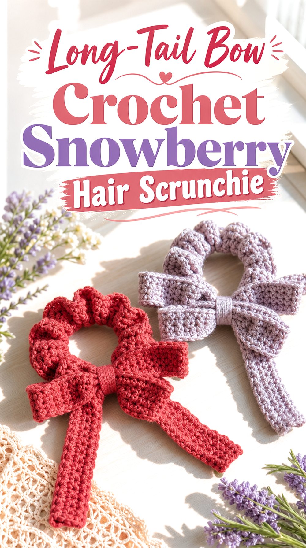 Long Tail Bow Crochet Snowberry Hair Scrunchie