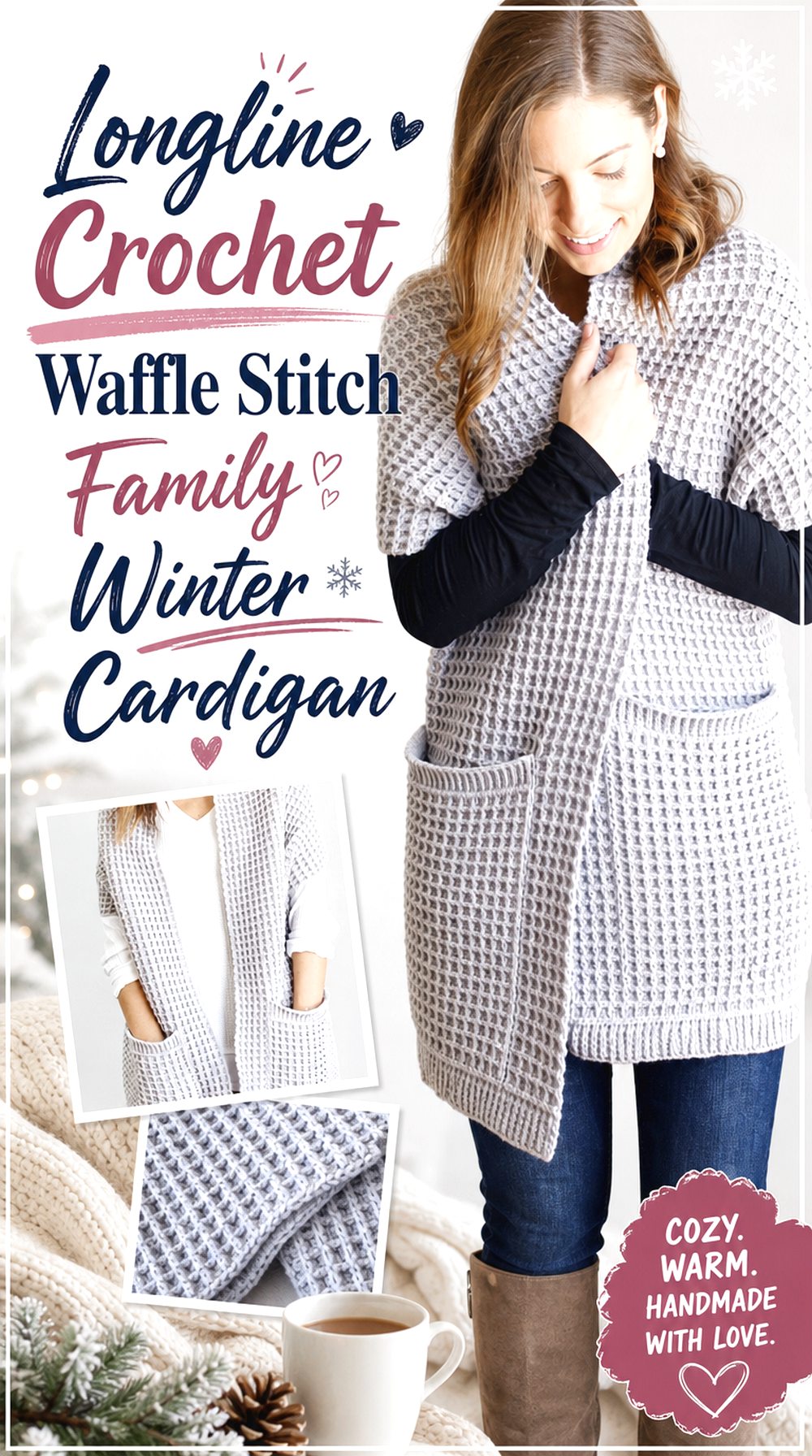 Longline Crochet Waffle Stitch Family Winter Cardigan
