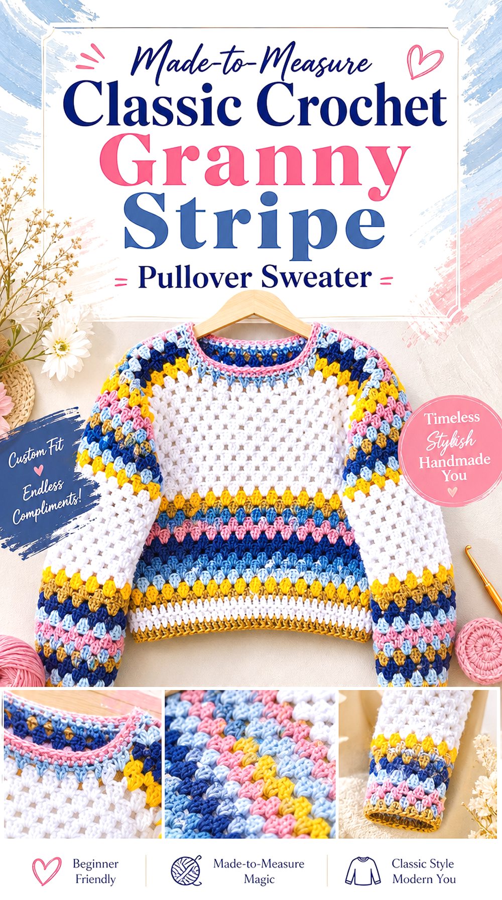 Made to Measure Classic Crochet Granny Stripe Pullover Sweater