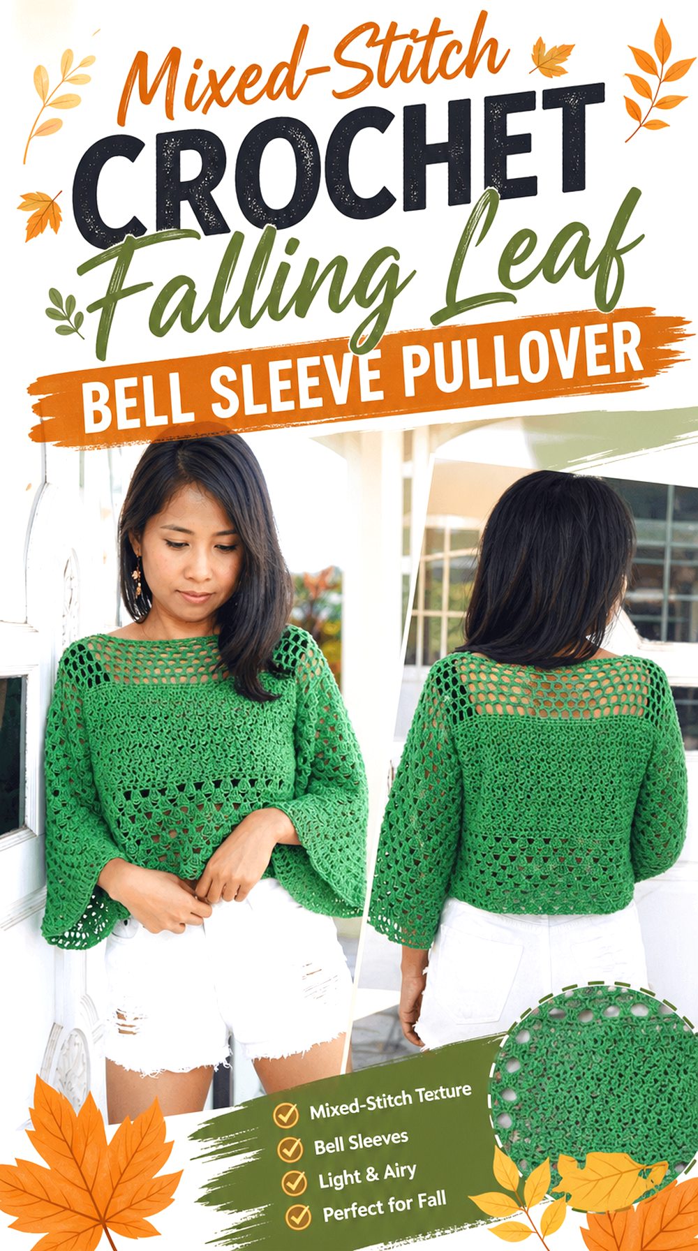 Mixed Stitch Crochet Falling Leaf Bell Sleeve Pullover