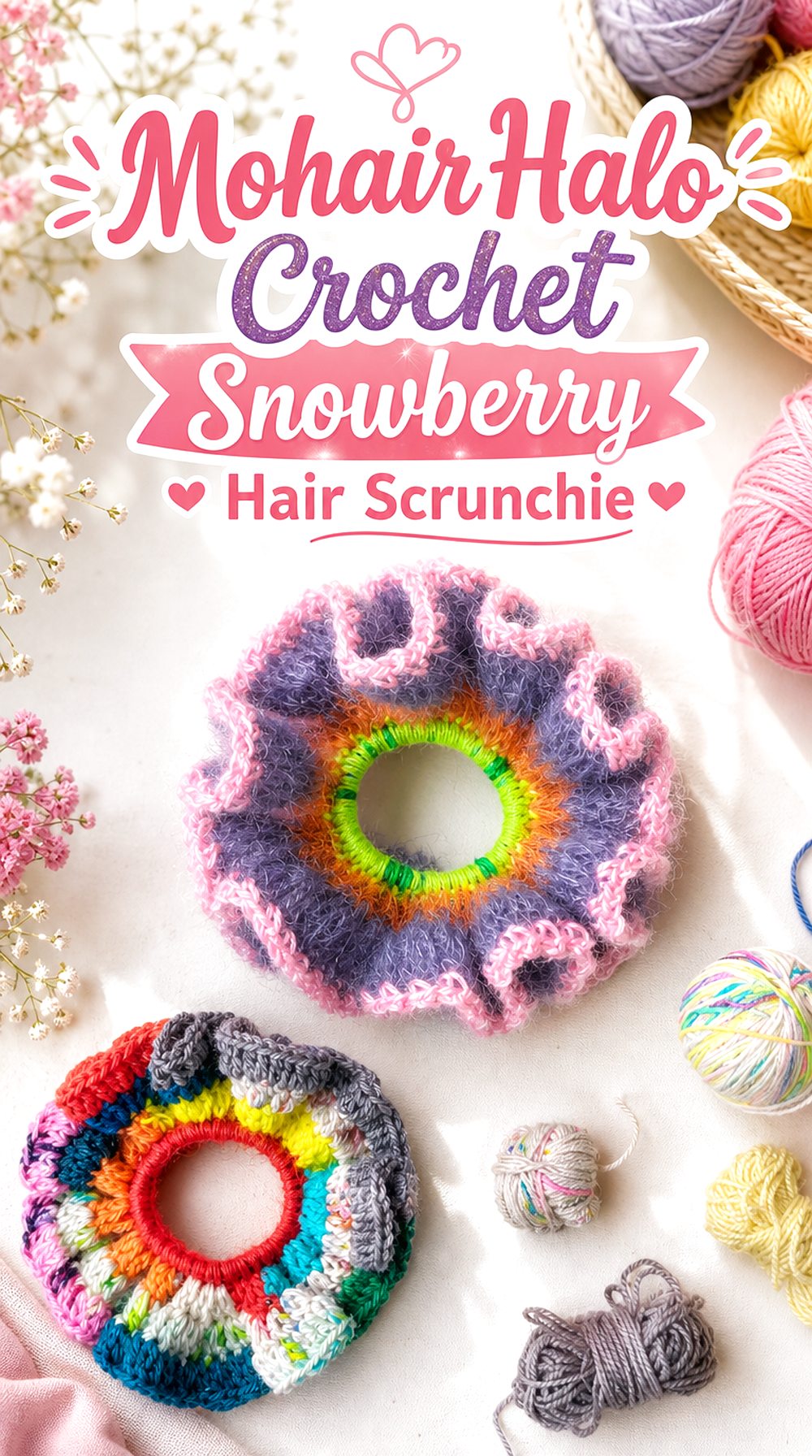 Mohair Halo Crochet Snowberry Hair Scrunchie