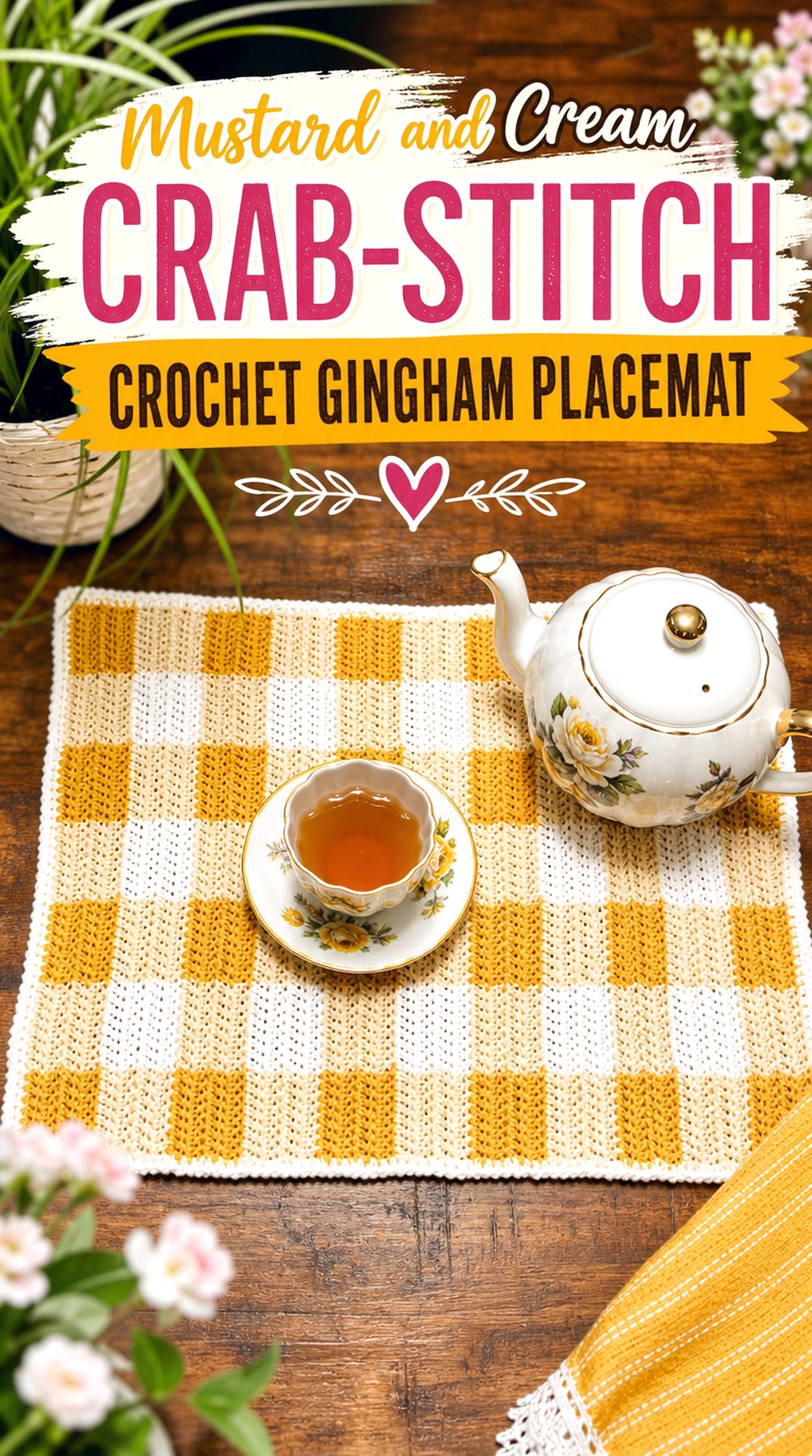 Mustard and Cream Crab Stitch Crochet Gingham Placemat