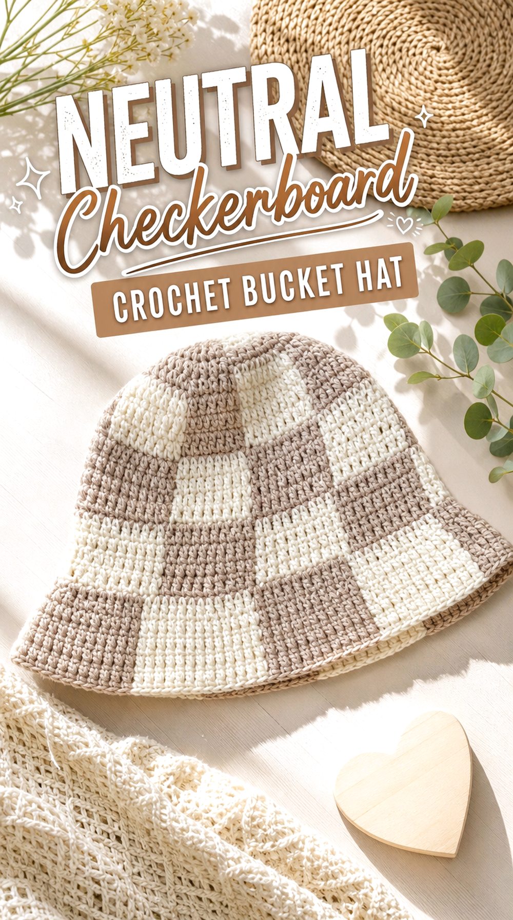 Neutral Checkerboard Crochet Bucket Hat