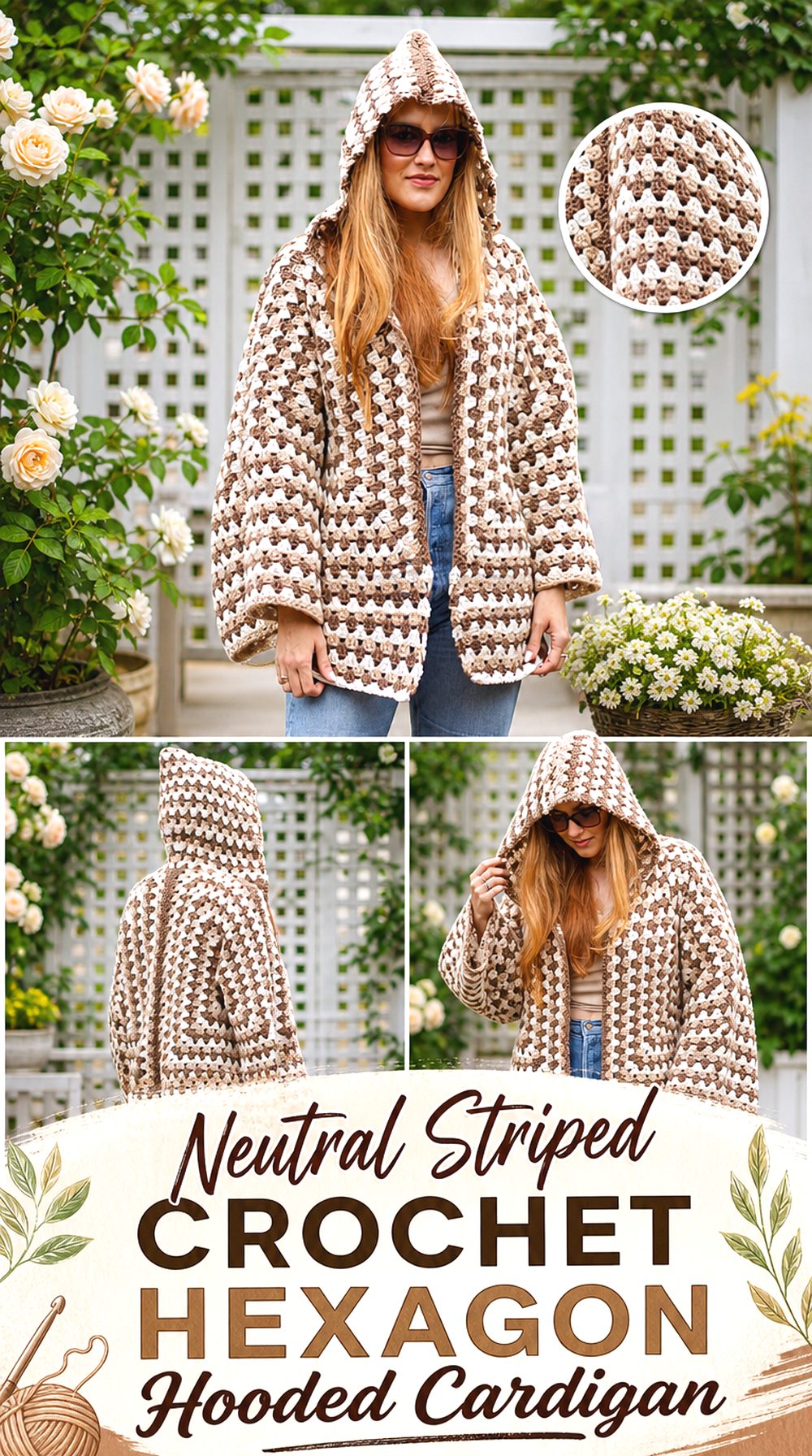 Neutral Striped Crochet Hexagon Hooded Cardigan