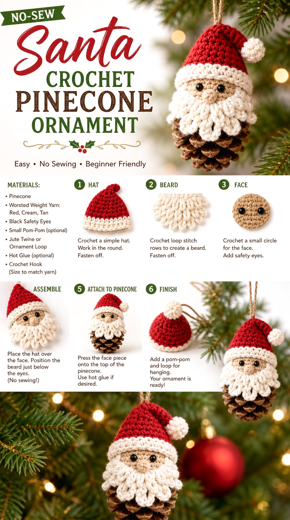 No Sew Santa Crochet Pinecone Ornament