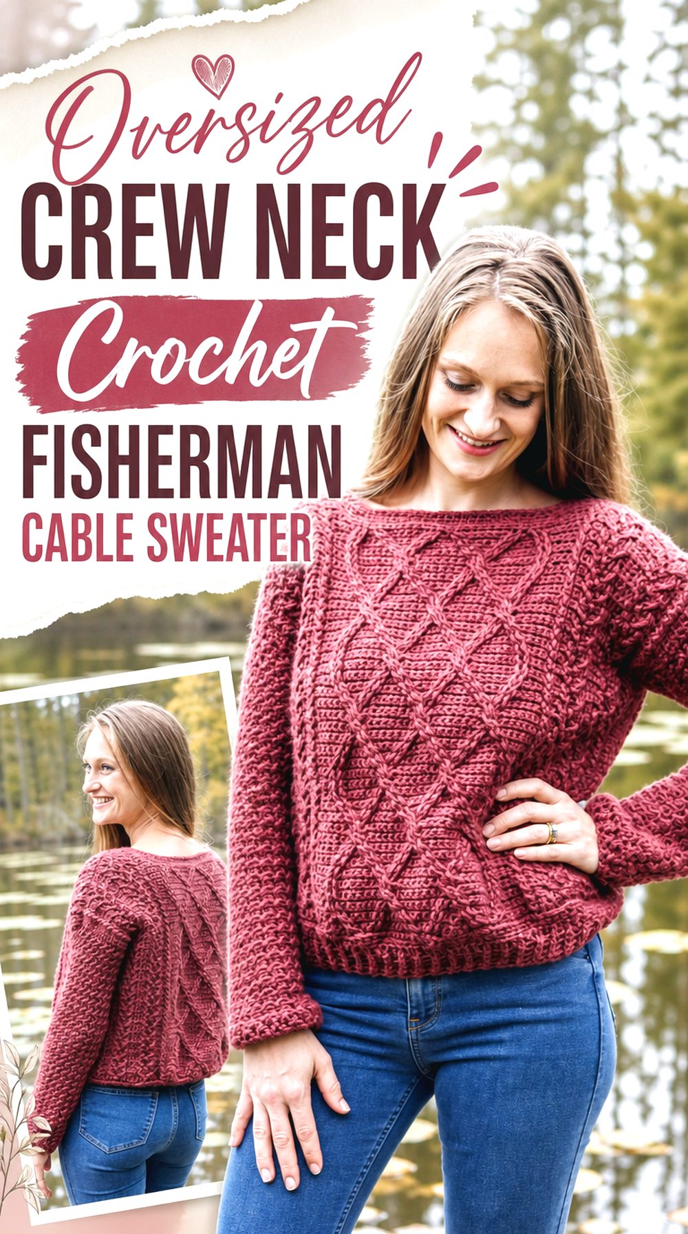 Oversized Crew Neck Crochet Fisherman Cable Sweater