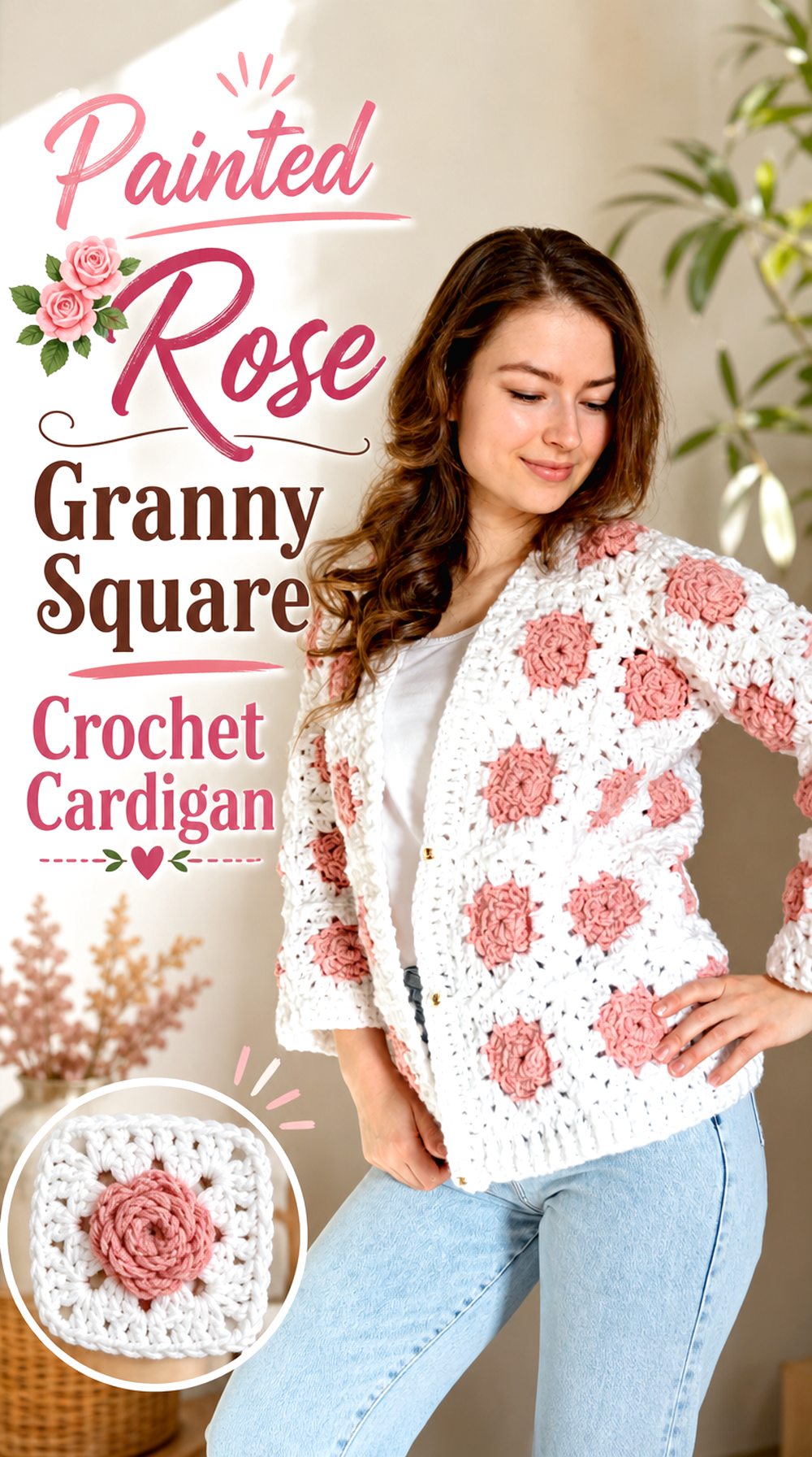 Painted Rose Granny Square Crochet Cardigan