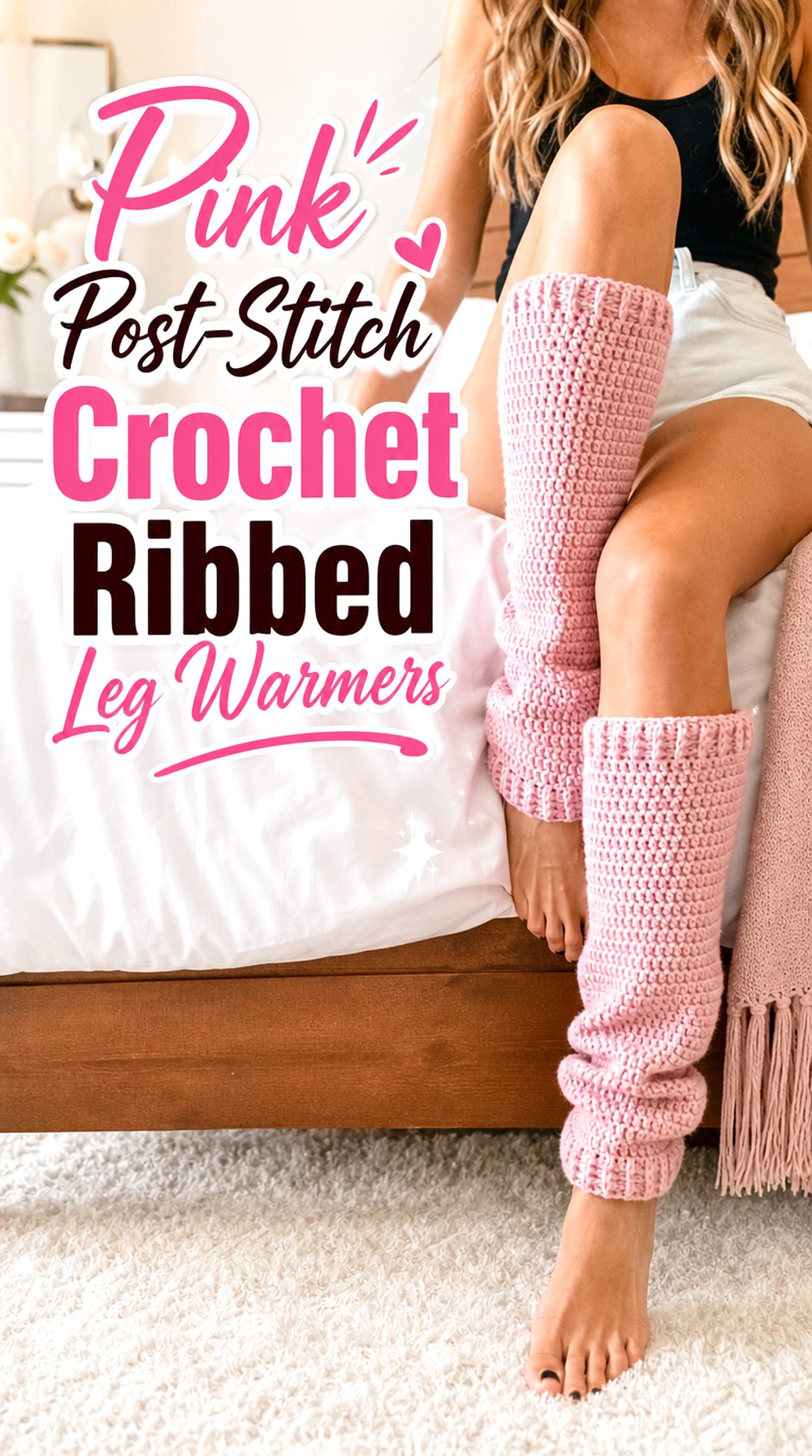 Pink Post Stitch Crochet Ribbed Leg Warmers
