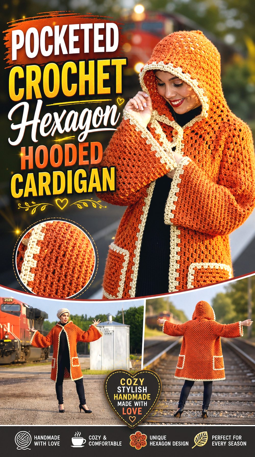 Pocketed Crochet Hexagon Hooded Cardigan