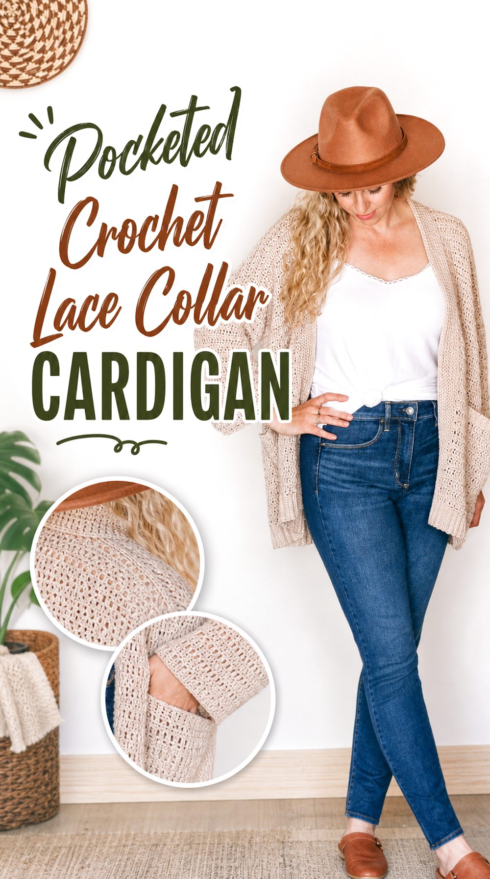 Pocketed Crochet Lace Collar Cardigan