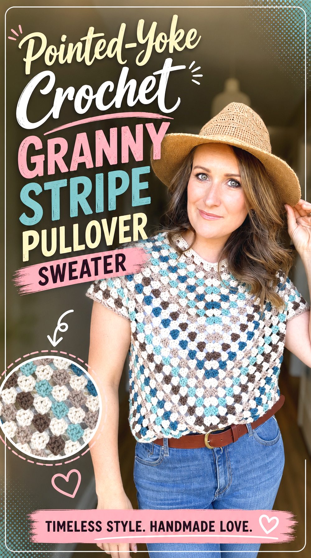 Pointed Yoke Crochet Granny Stripe Pullover Sweater