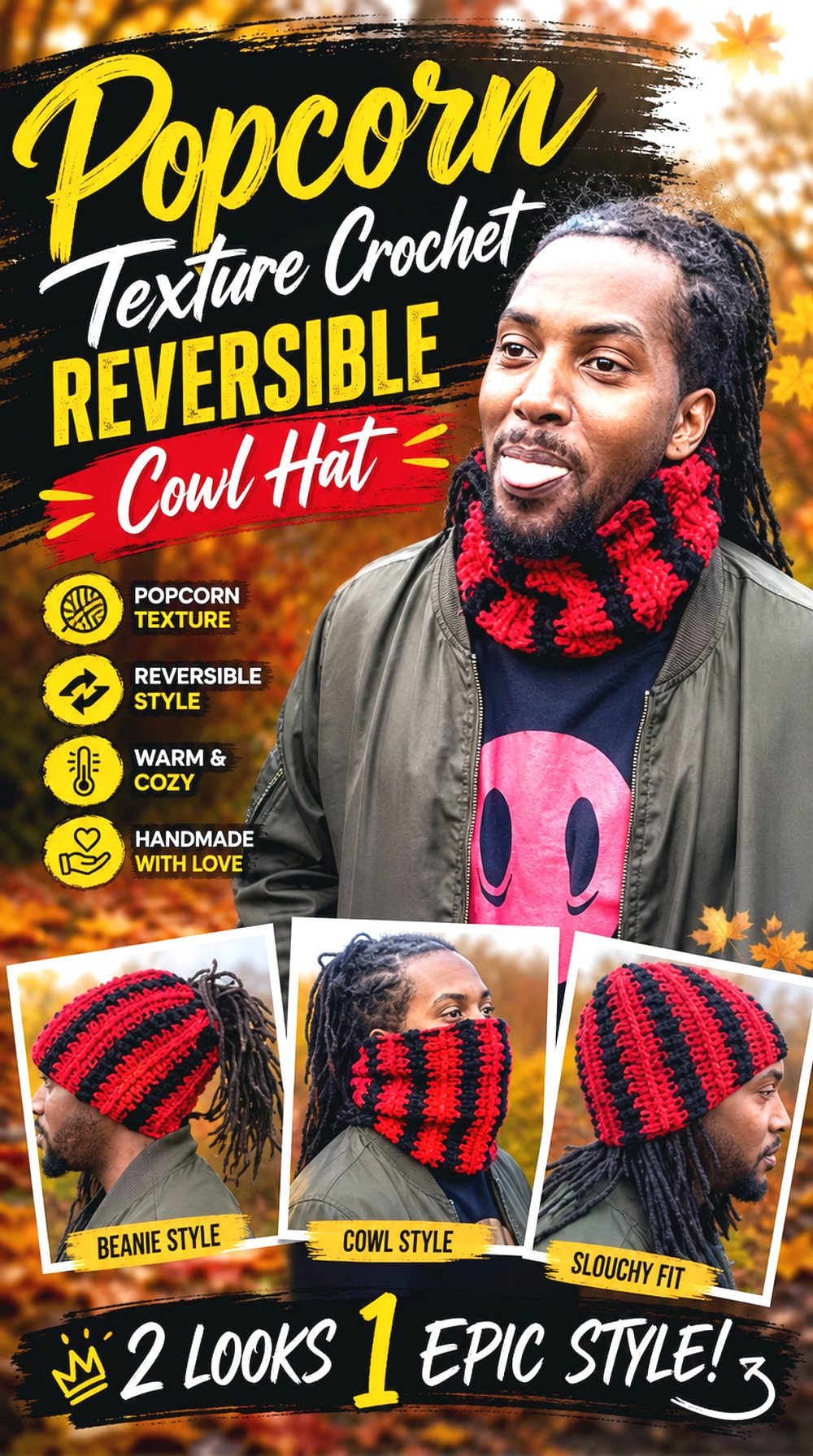 Popcorn Texture Crochet Reversible Cowl Hat