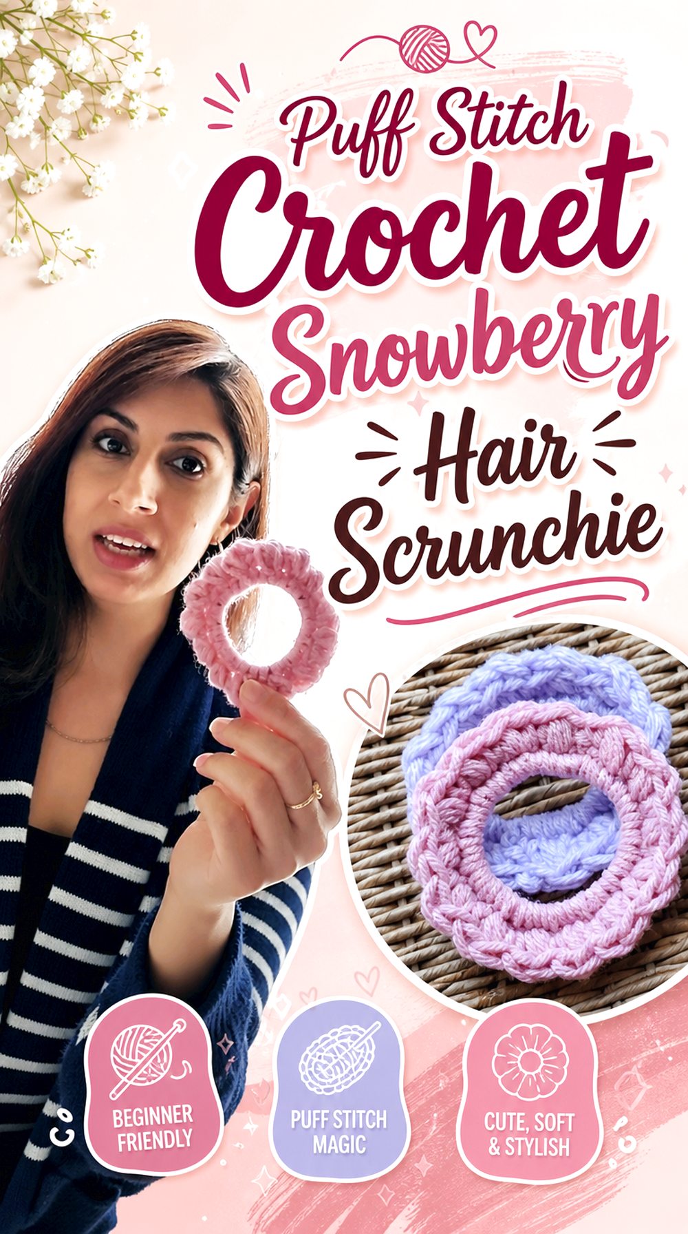 Puff Stitch Crochet Snowberry Hair Scrunchie