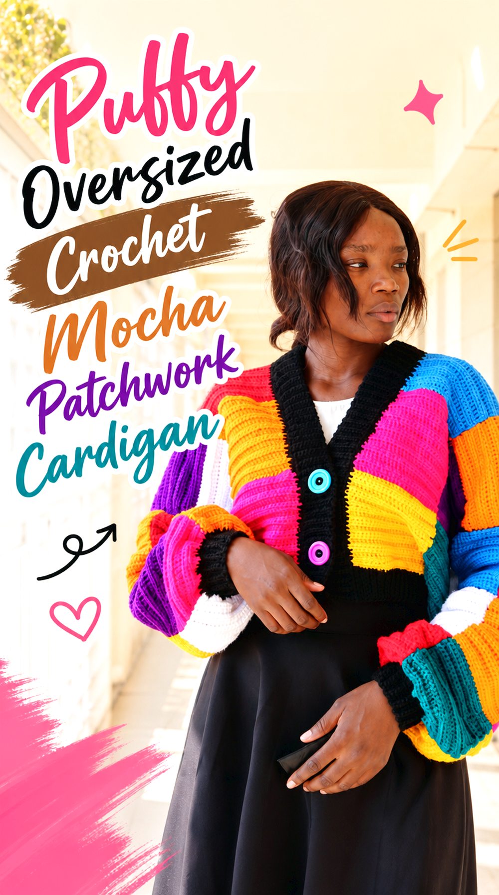 Puffy Oversized Crochet Mocha Patchwork Cardigan