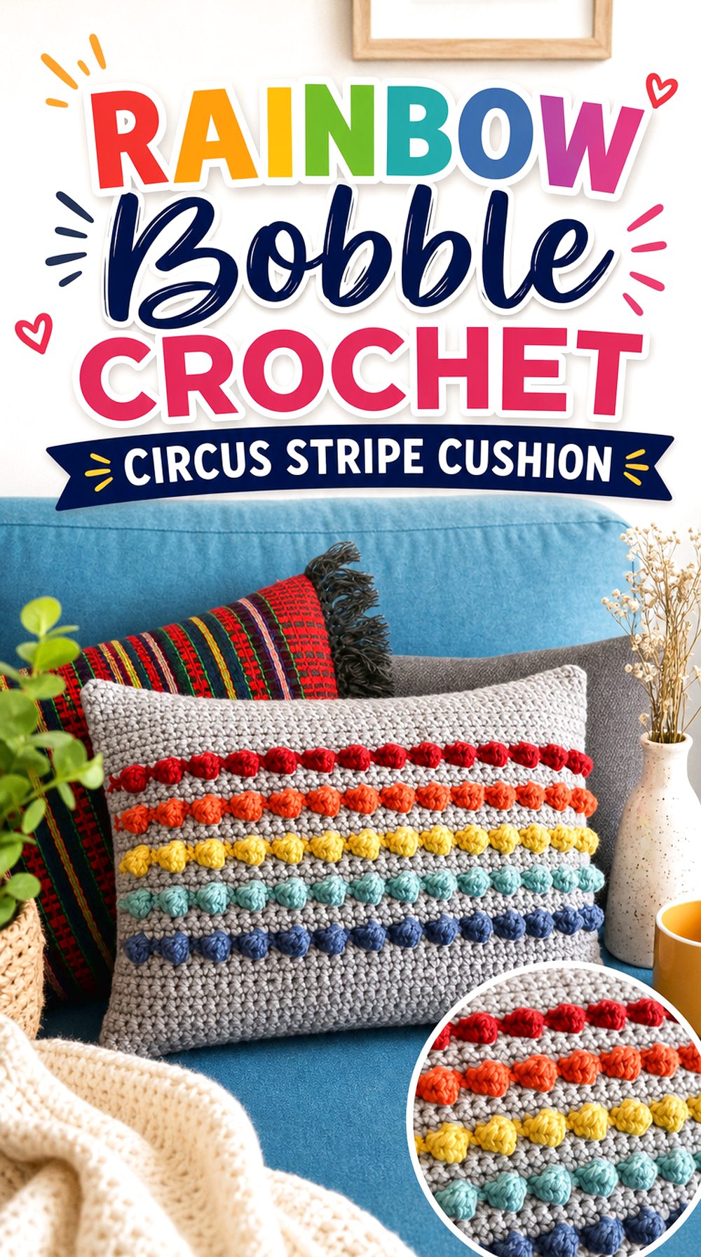 Rainbow Bobble Crochet Circus Stripe Cushion