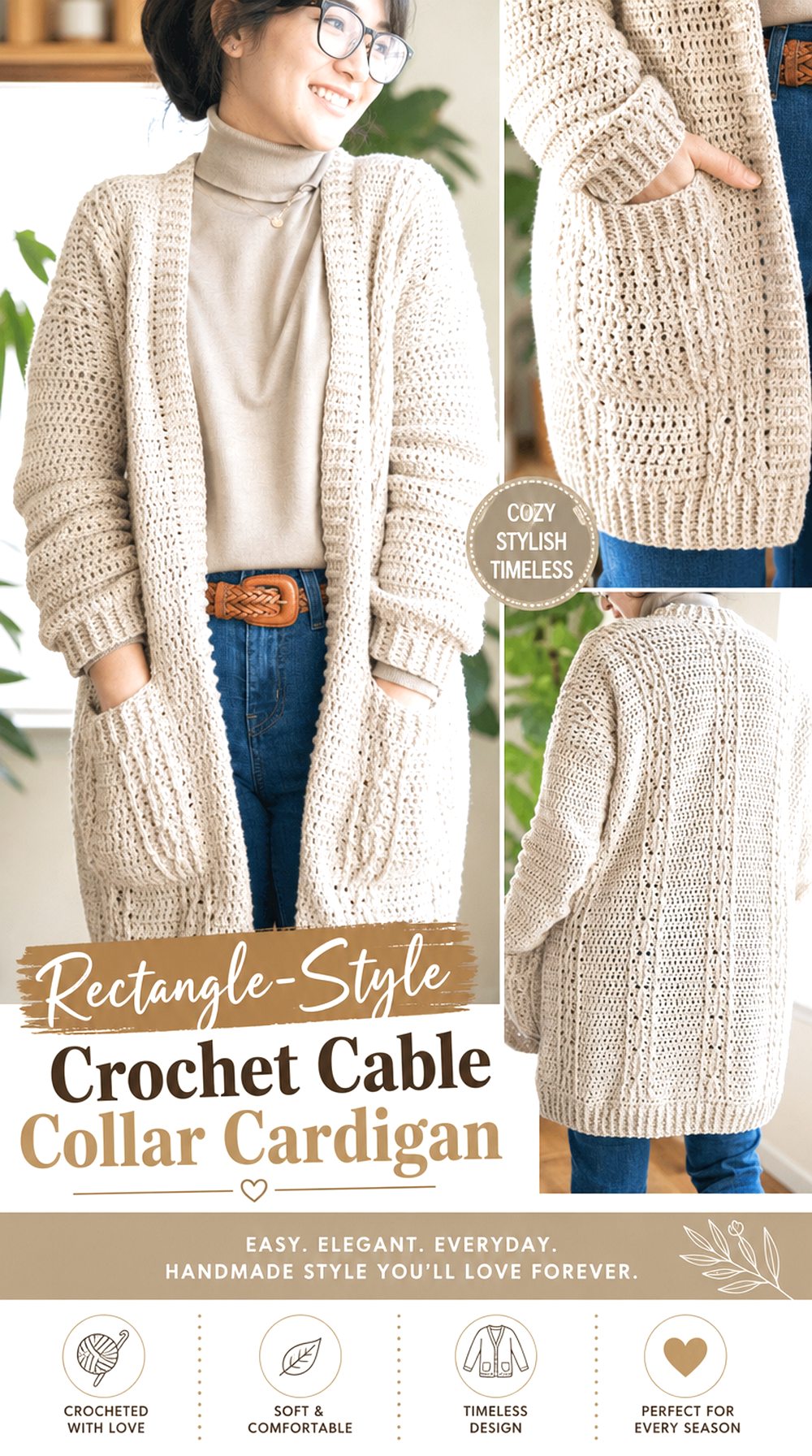 Rectangle Style Crochet Cable Collar Cardigan