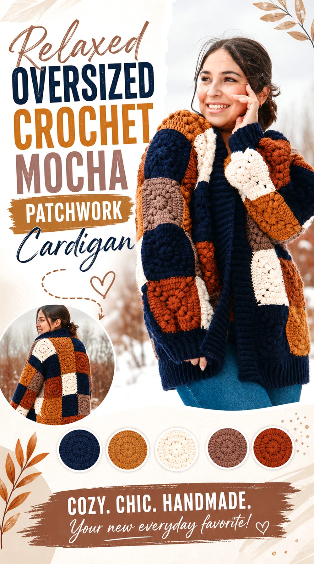 Relaxed Oversized Crochet Mocha Patchwork Cardigan