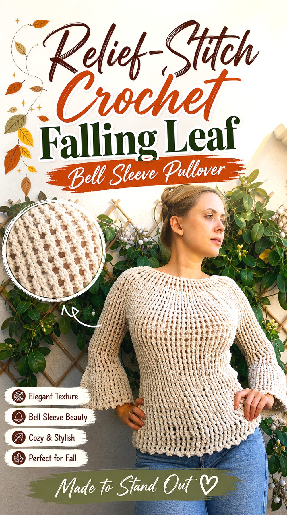 Relief Stitch Crochet Falling Leaf Bell Sleeve Pullover