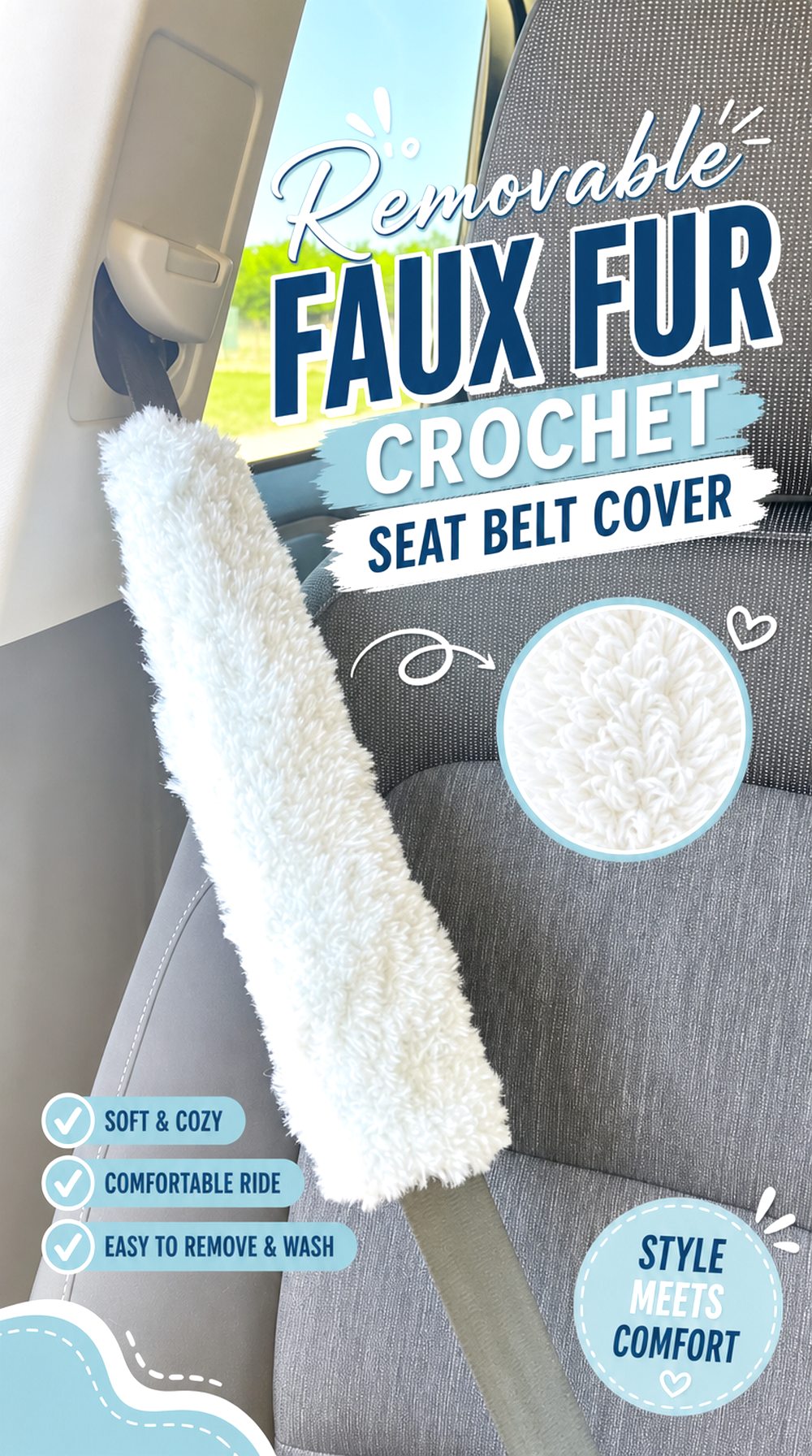 Removable Faux Fur Crochet Seat Belt Cover