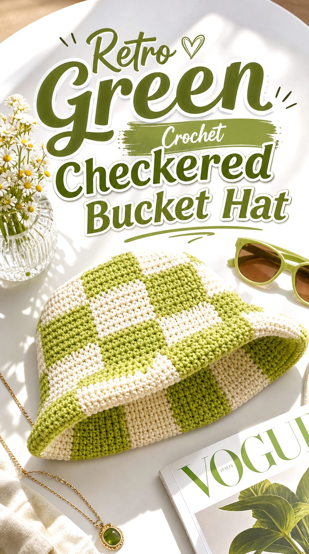 Retro Green Crochet Checkered Bucket Hat