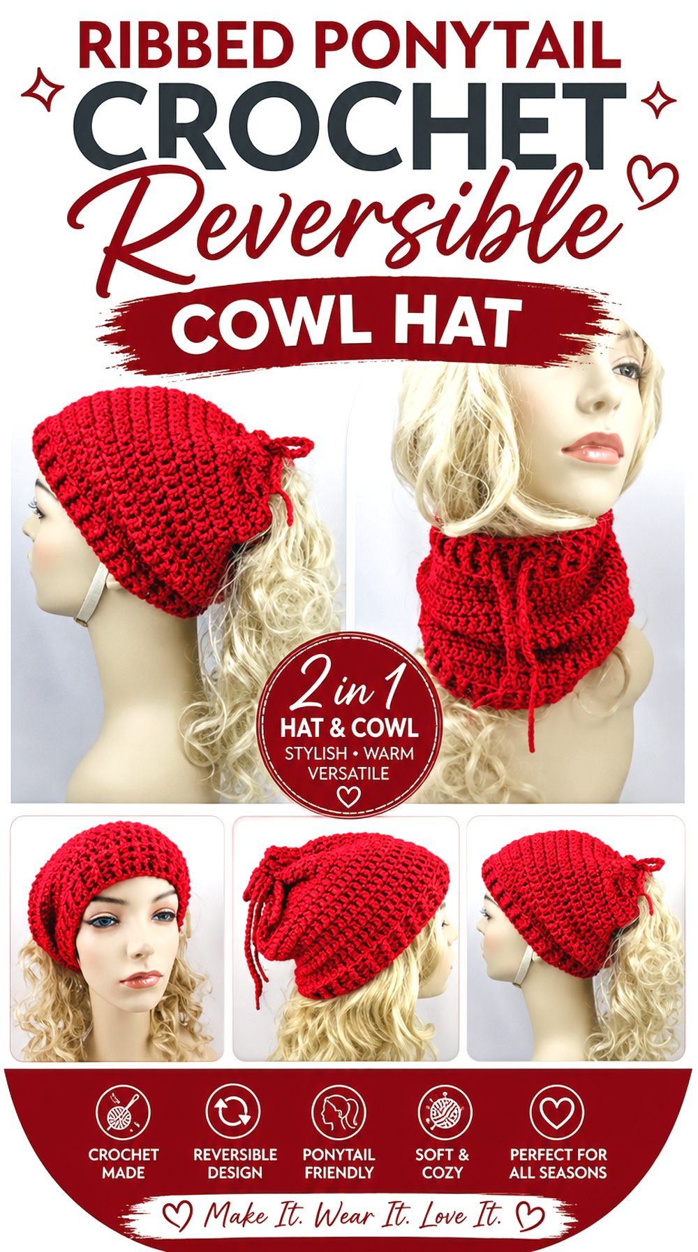 Ribbed Ponytail Crochet Reversible Cowl Hat