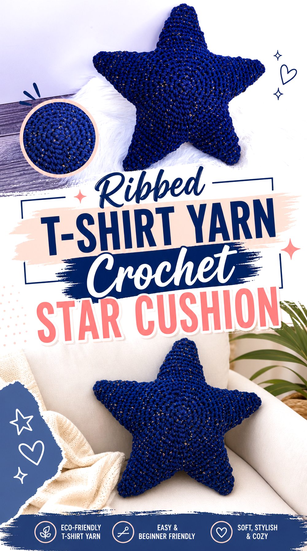 Ribbed T Shirt Yarn Crochet Star Cushion