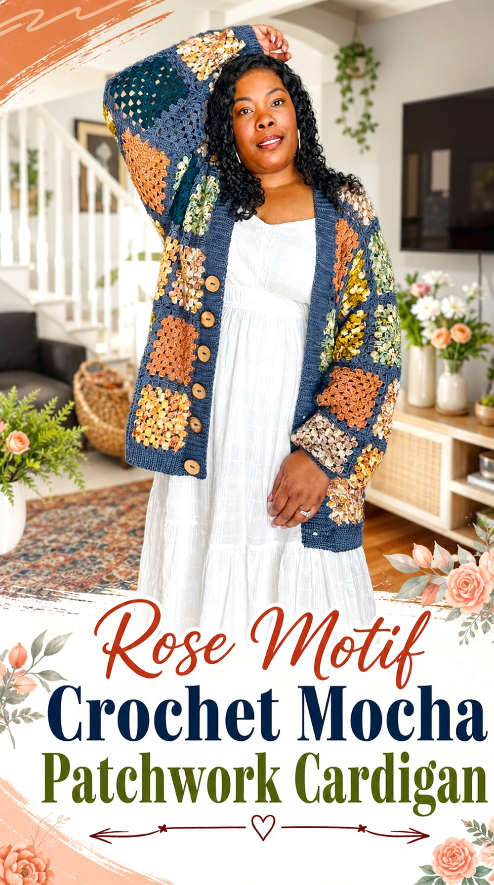 Rose Motif Crochet Mocha Patchwork Cardigan