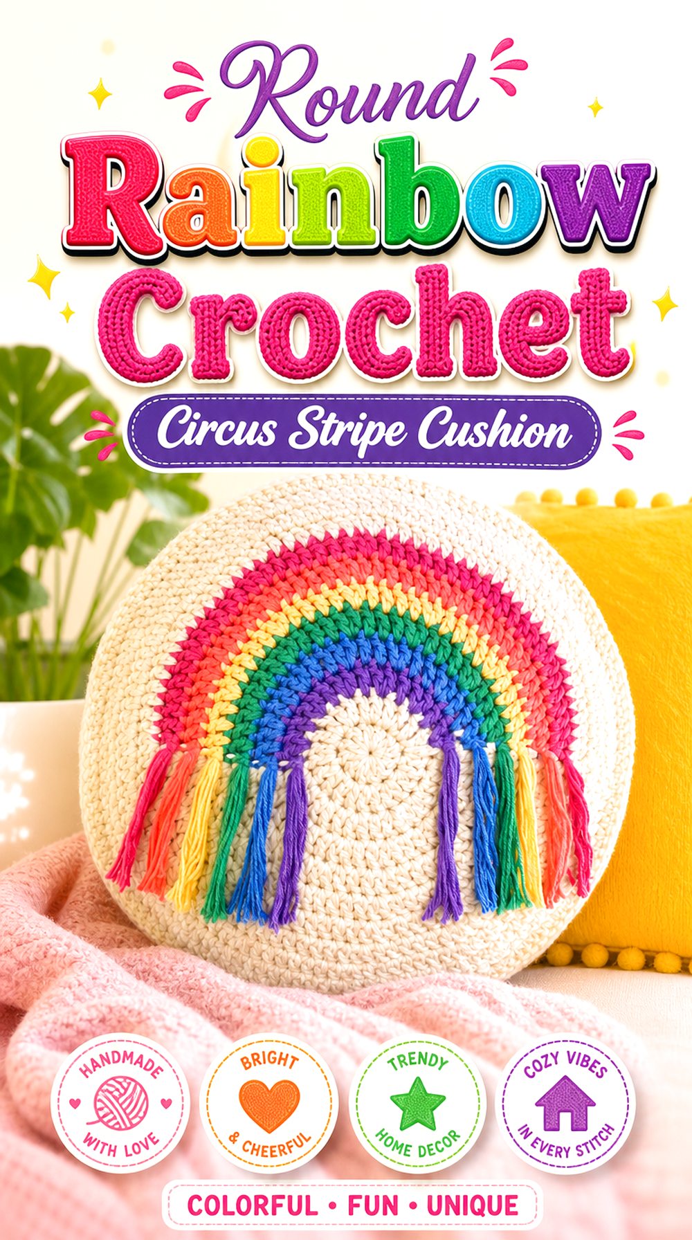 Round Rainbow Crochet Circus Stripe Cushion
