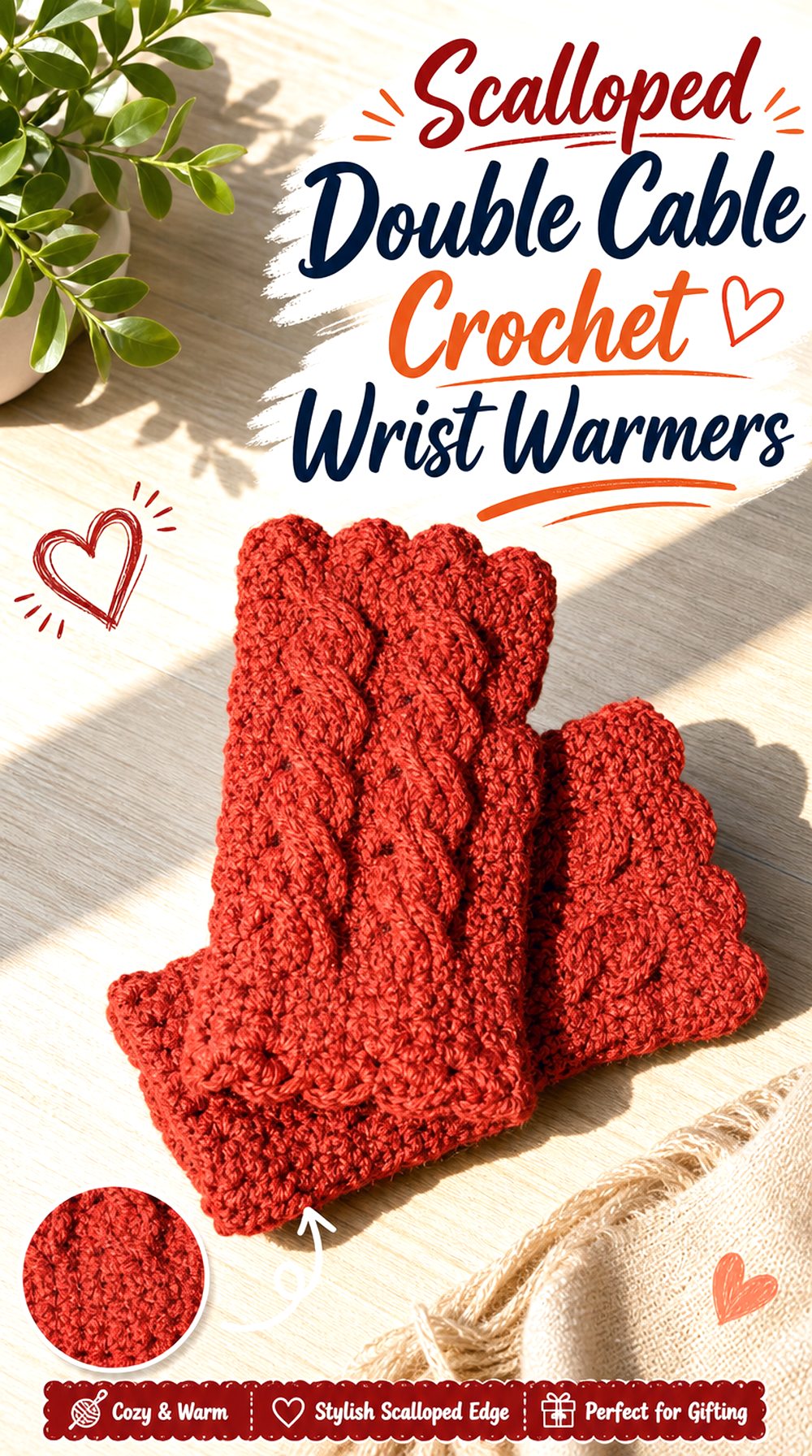 Scalloped Double Cable Crochet Wrist Warmers