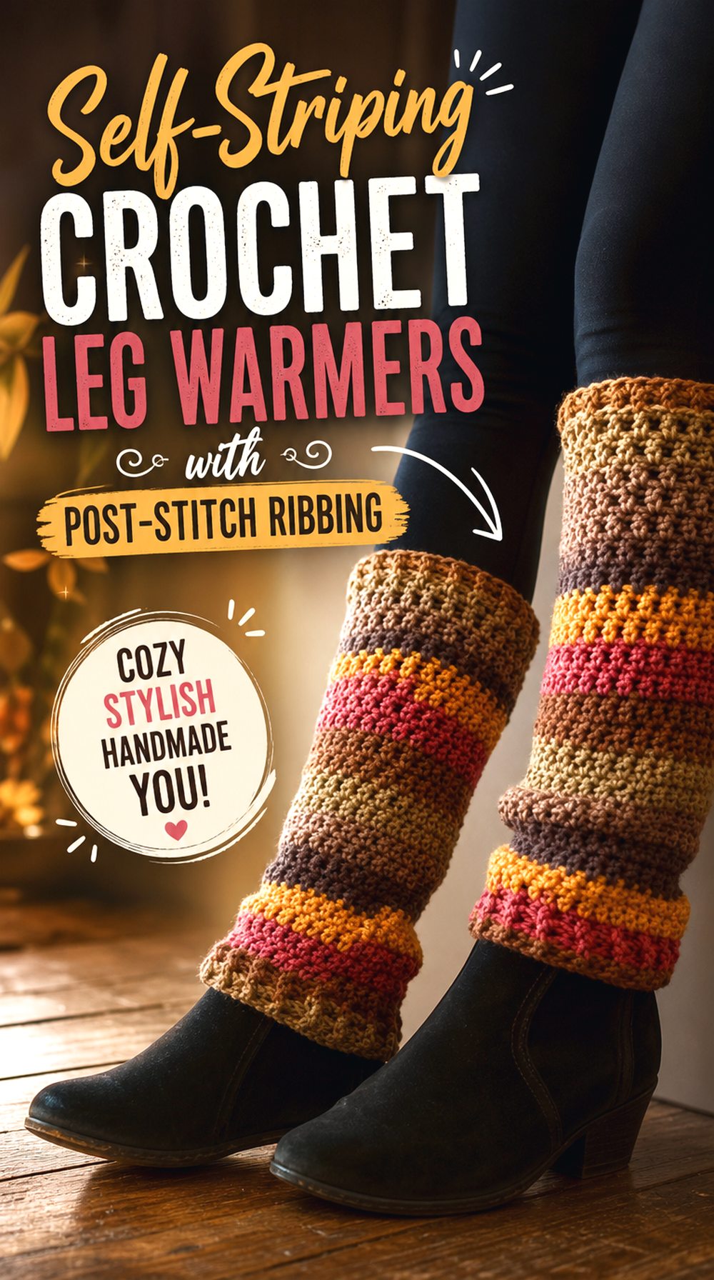 Self Striping Crochet Leg Warmers with Post Stitch Ribbing