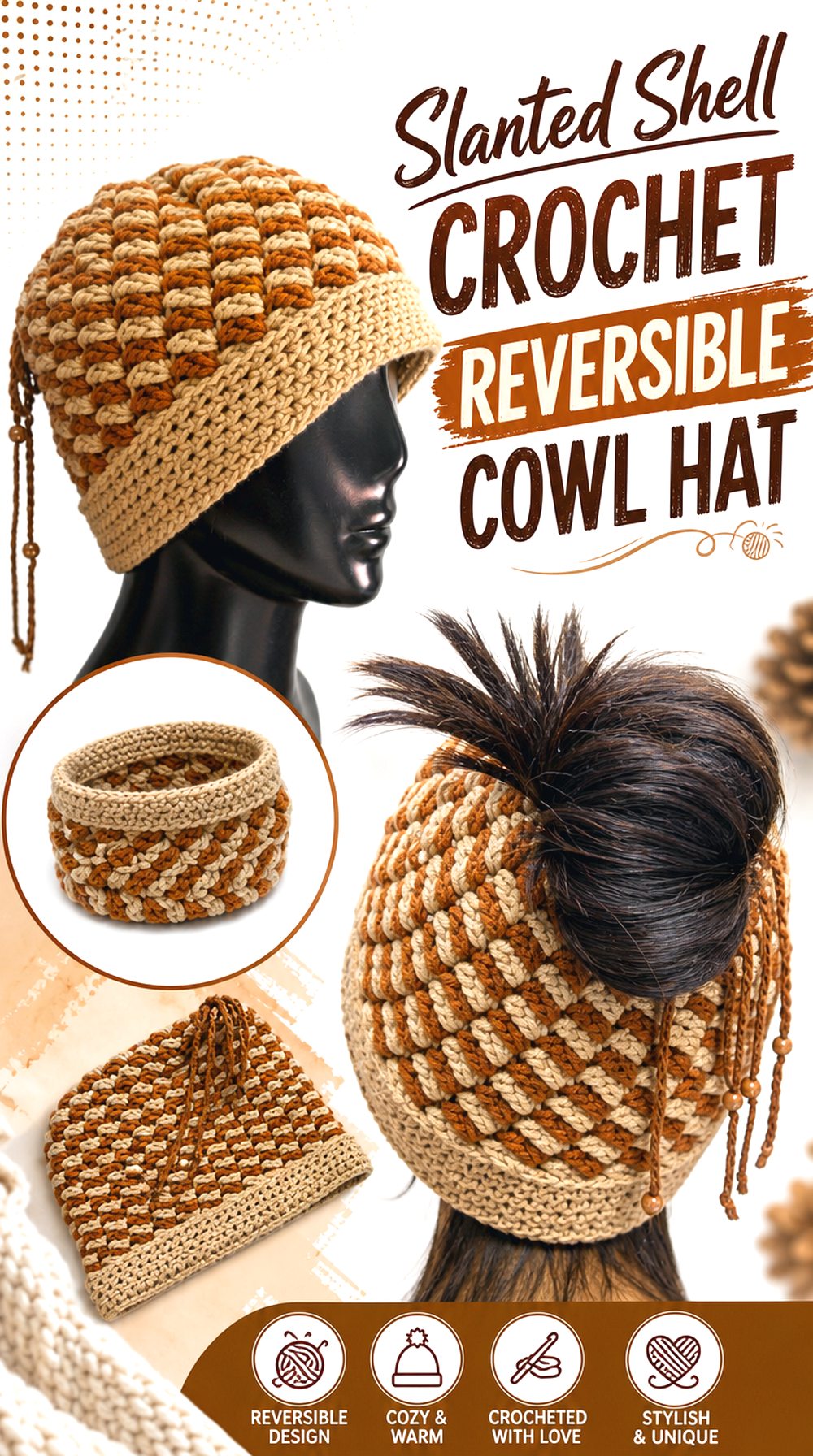 Slanted Shell Crochet Reversible Cowl Hat